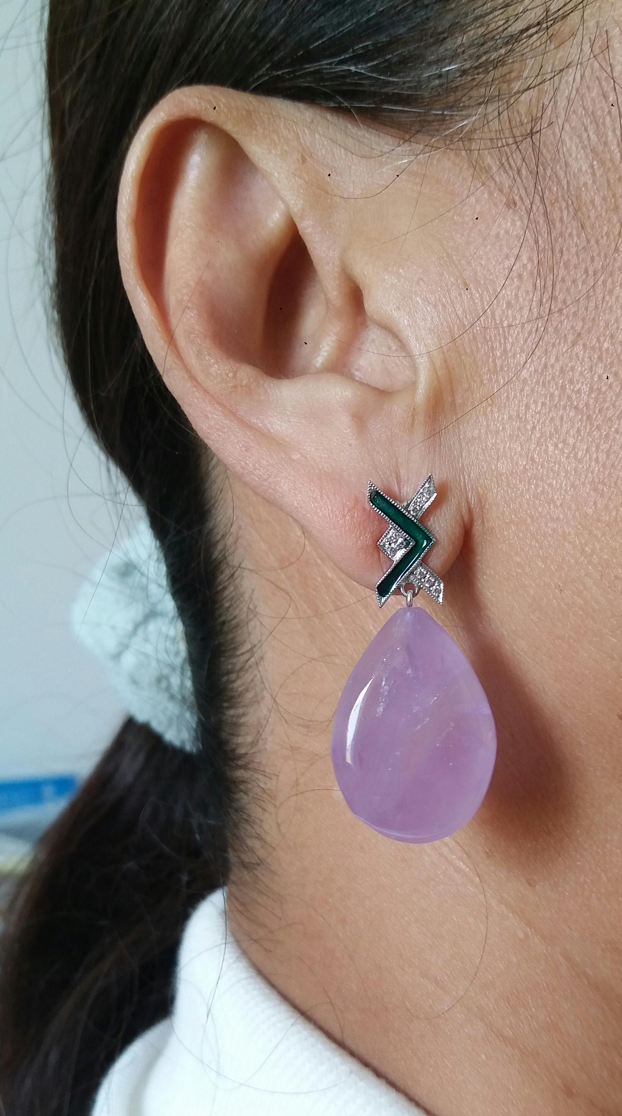 Natural Amethyst Art Deco Style 14 Kt Gold Diamonds Green Enamel  Drop Earrings For Sale 5
