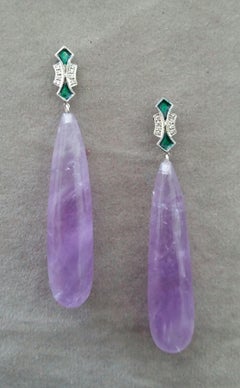 Art Deco Style 14 Kt Gold Diamonds Green Enamel Natural Amethyst Drop Earrings