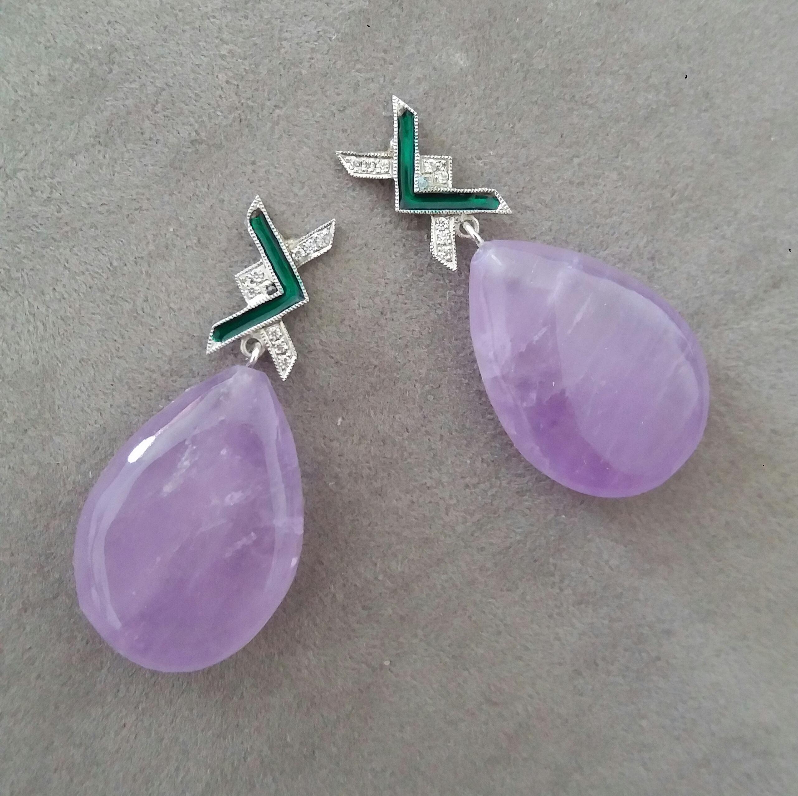 Pear Cut Natural Amethyst Art Deco Style 14 Kt Gold Diamonds Green Enamel  Drop Earrings For Sale