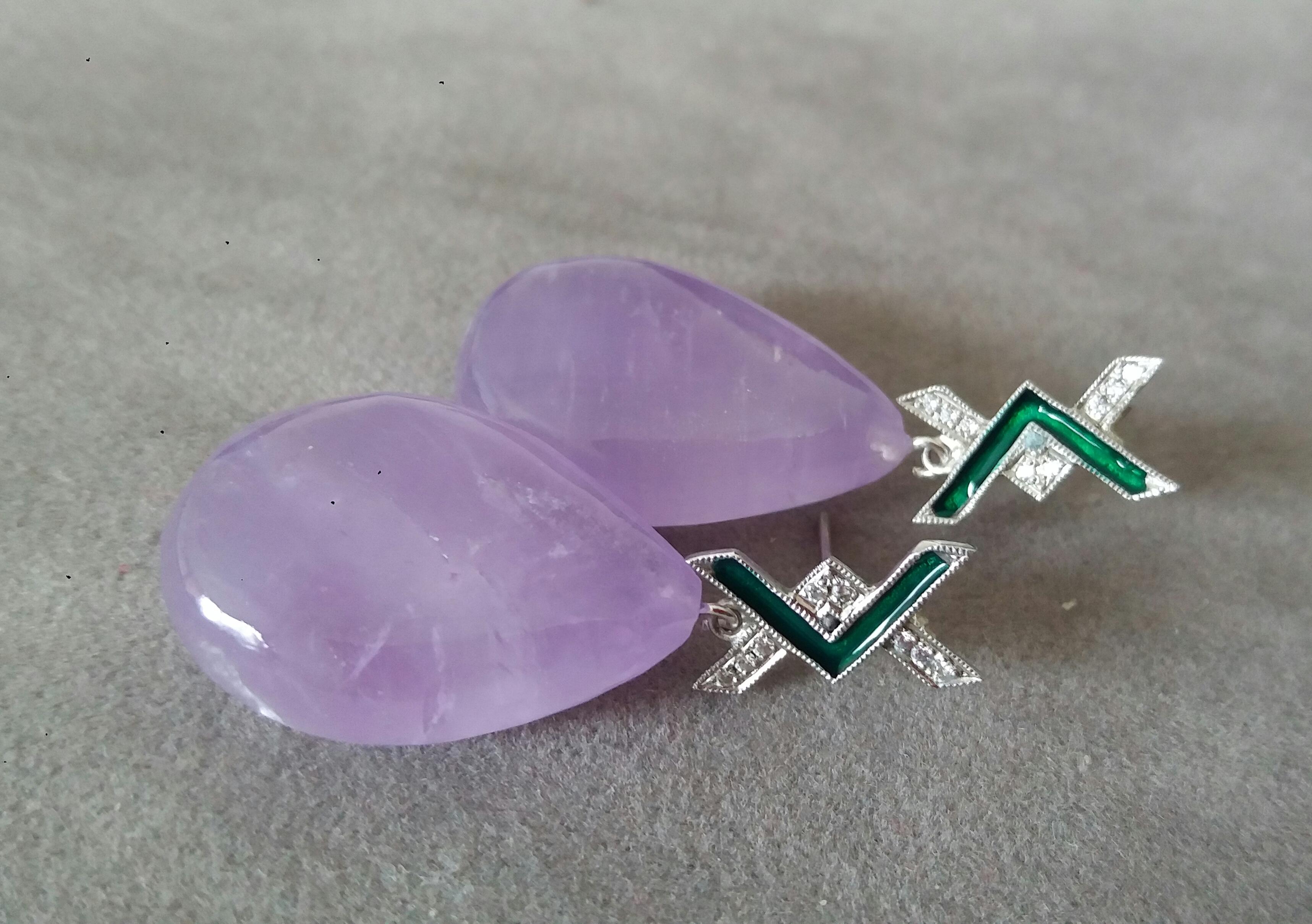 Art Deco Style 14 Kt Gold Diamonds Green Enamel Natural Amethyst Drop Earrings In Good Condition For Sale In Bangkok, TH