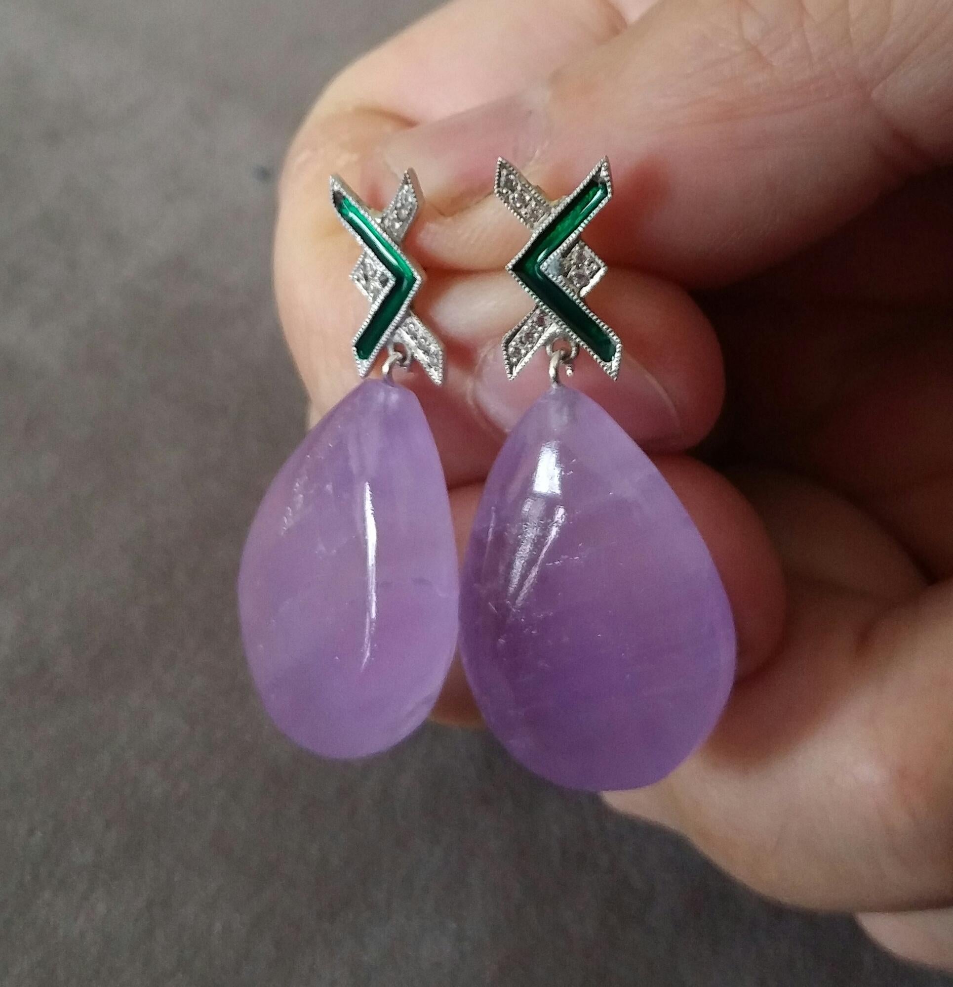 Orecchini a goccia in stile Art Deco in oro 14 Kt con diamanti e smalto verde e ametista naturale In condizioni buone in vendita a Bangkok, TH