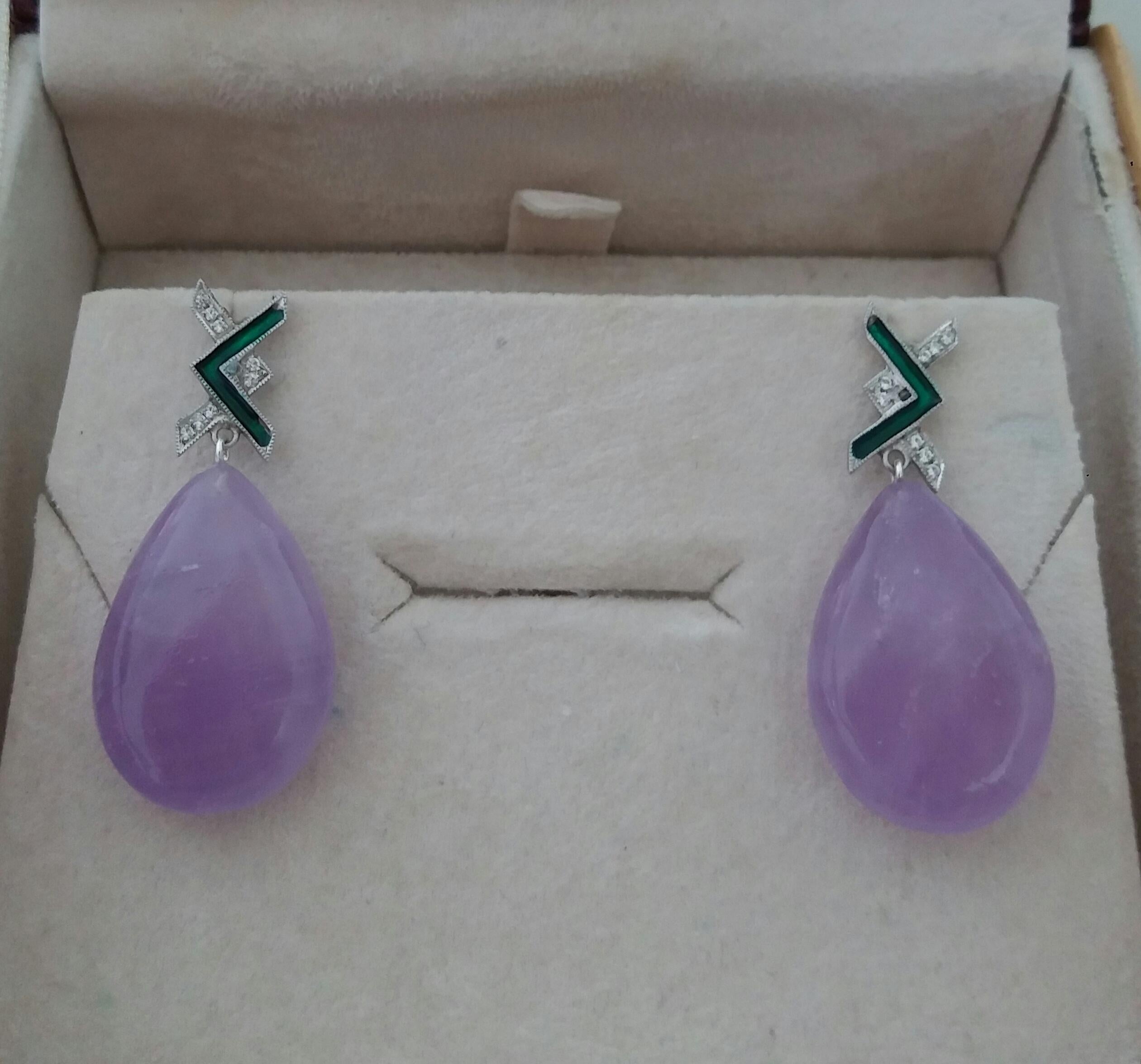 Art Deco Style 14 Kt Gold Diamonds Green Enamel Natural Amethyst Drop Earrings For Sale 1