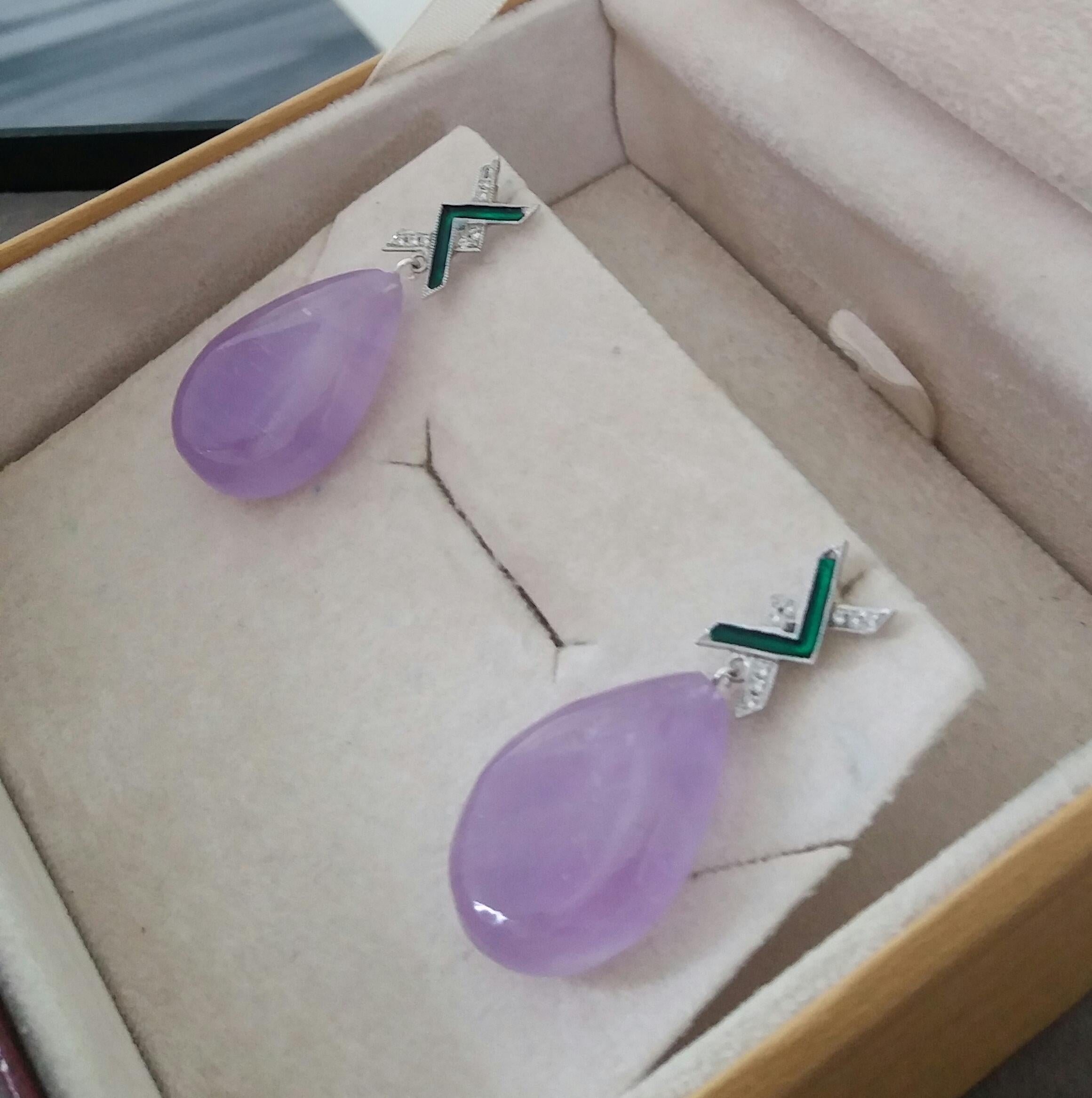 Natural Amethyst Art Deco Style 14 Kt Gold Diamonds Green Enamel  Drop Earrings For Sale 2