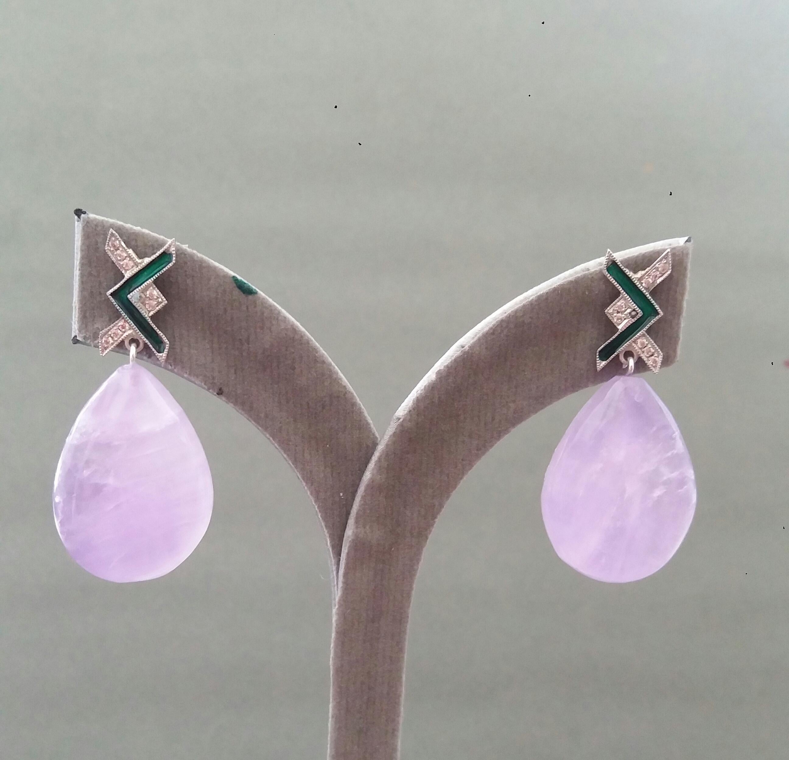 Natural Amethyst Art Deco Style 14 Kt Gold Diamonds Green Enamel  Drop Earrings For Sale 3