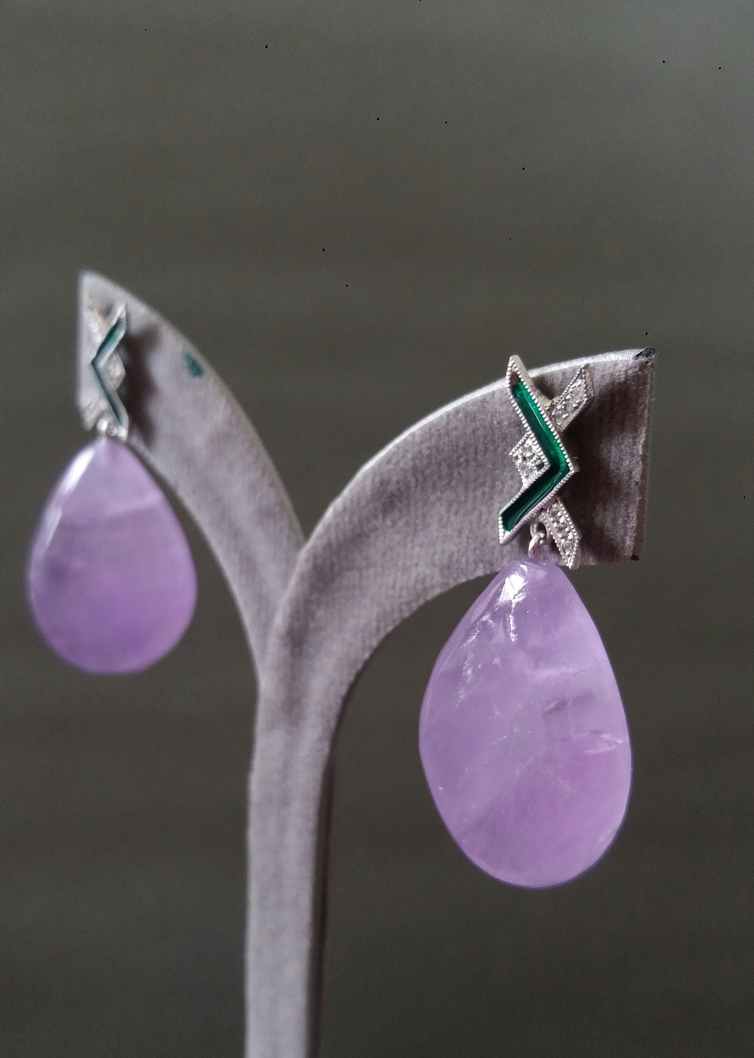 Natural Amethyst Art Deco Style 14 Kt Gold Diamonds Green Enamel  Drop Earrings For Sale 4
