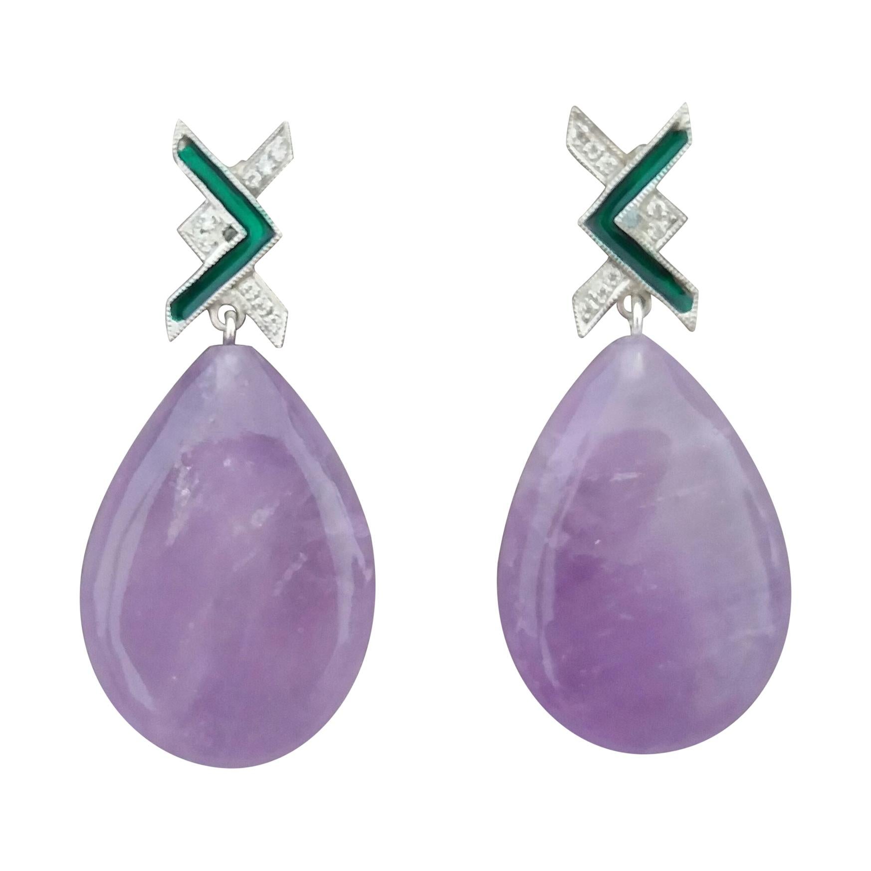 Natural Amethyst Art Deco Style 14 Kt Gold Diamonds Green Enamel  Drop Earrings