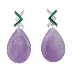 Natural Amethyst Art Deco Style 14 Kt Gold Diamonds Green Enamel  Drop Earrings