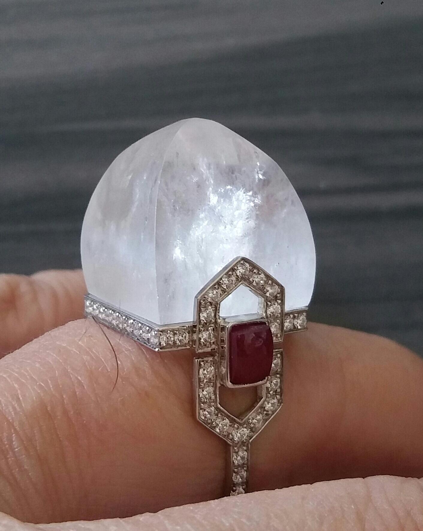 For Sale:  Art Deco Style 14 Karat Gold Diamonds Rubies Rock Crystal Pyramid Cocktail Ring 14
