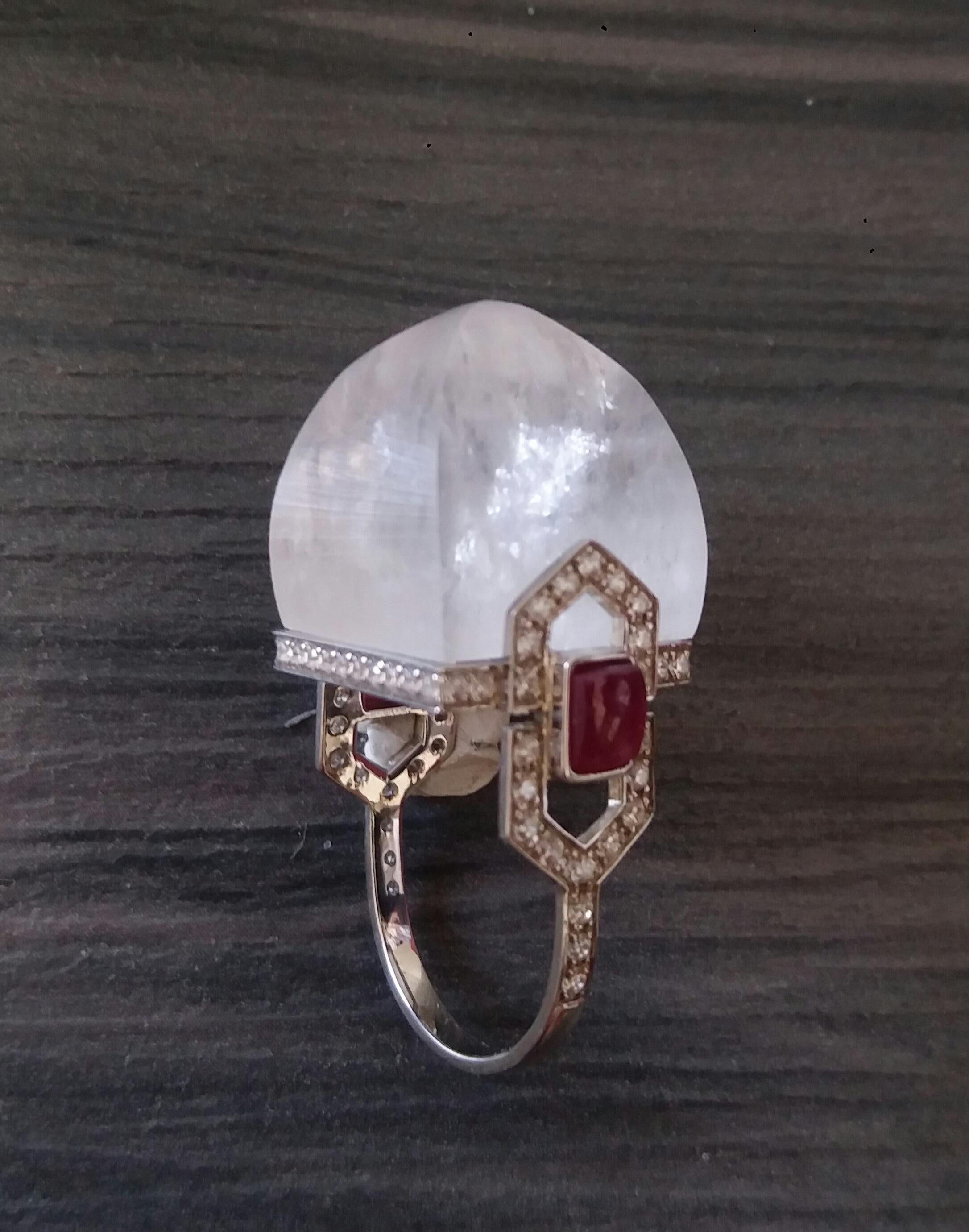 For Sale:  Art Deco Style 14 Karat Gold Diamonds Rubies Rock Crystal Pyramid Cocktail Ring 19
