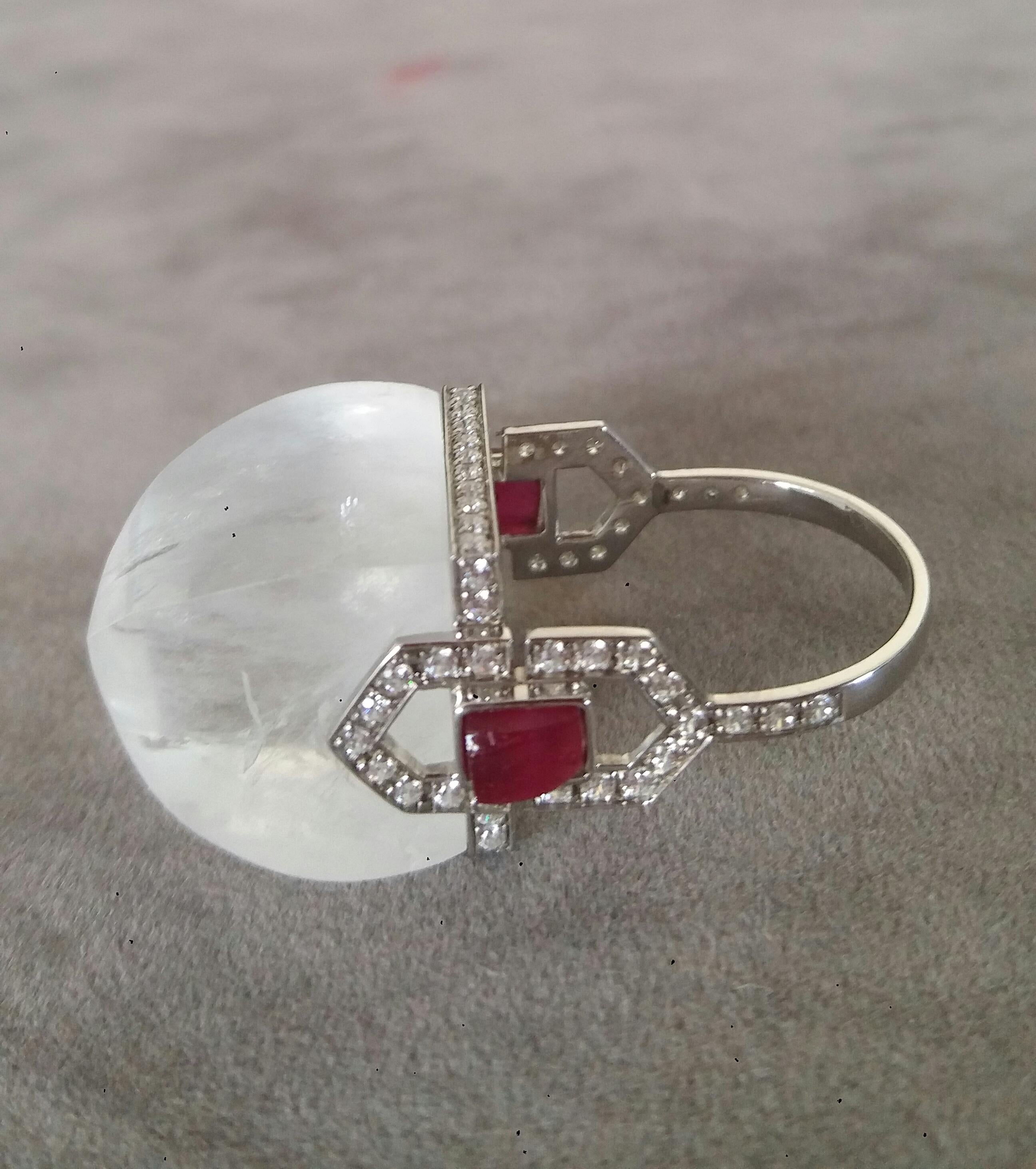 For Sale:  Art Deco Style 14 Karat Gold Diamonds Rubies Rock Crystal Pyramid Cocktail Ring 2