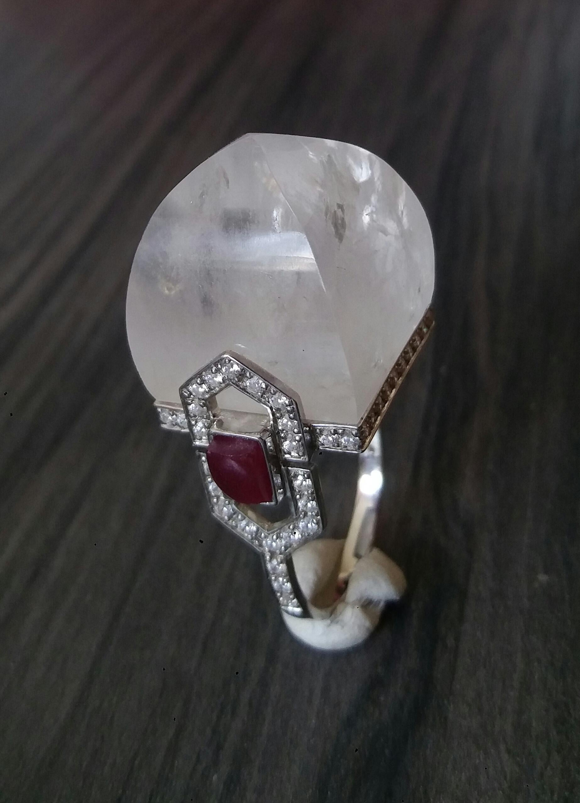 For Sale:  Art Deco Style 14 Karat Gold Diamonds Rubies Rock Crystal Pyramid Cocktail Ring 5