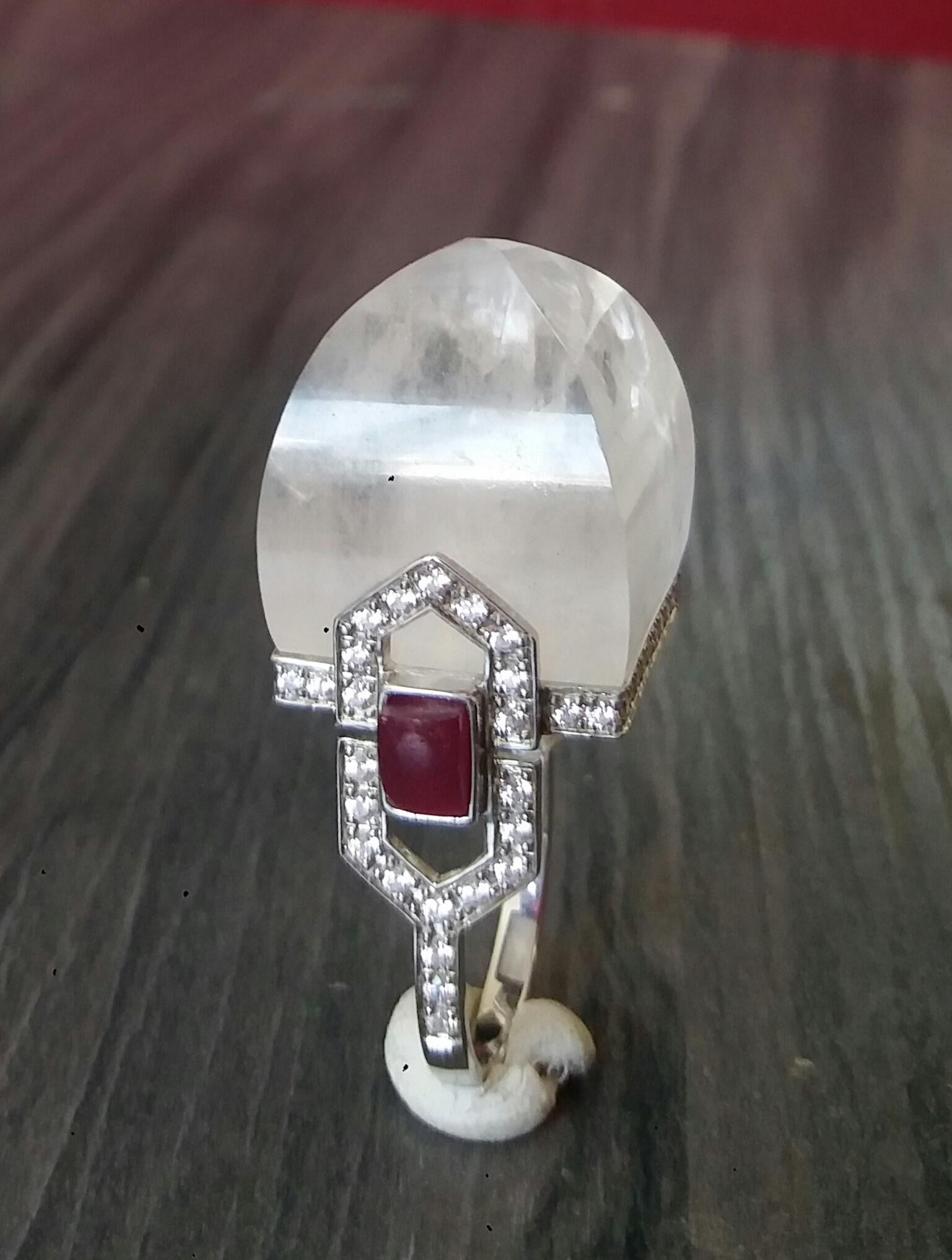 For Sale:  Art Deco Style 14 Karat Gold Diamonds Rubies Rock Crystal Pyramid Cocktail Ring 6