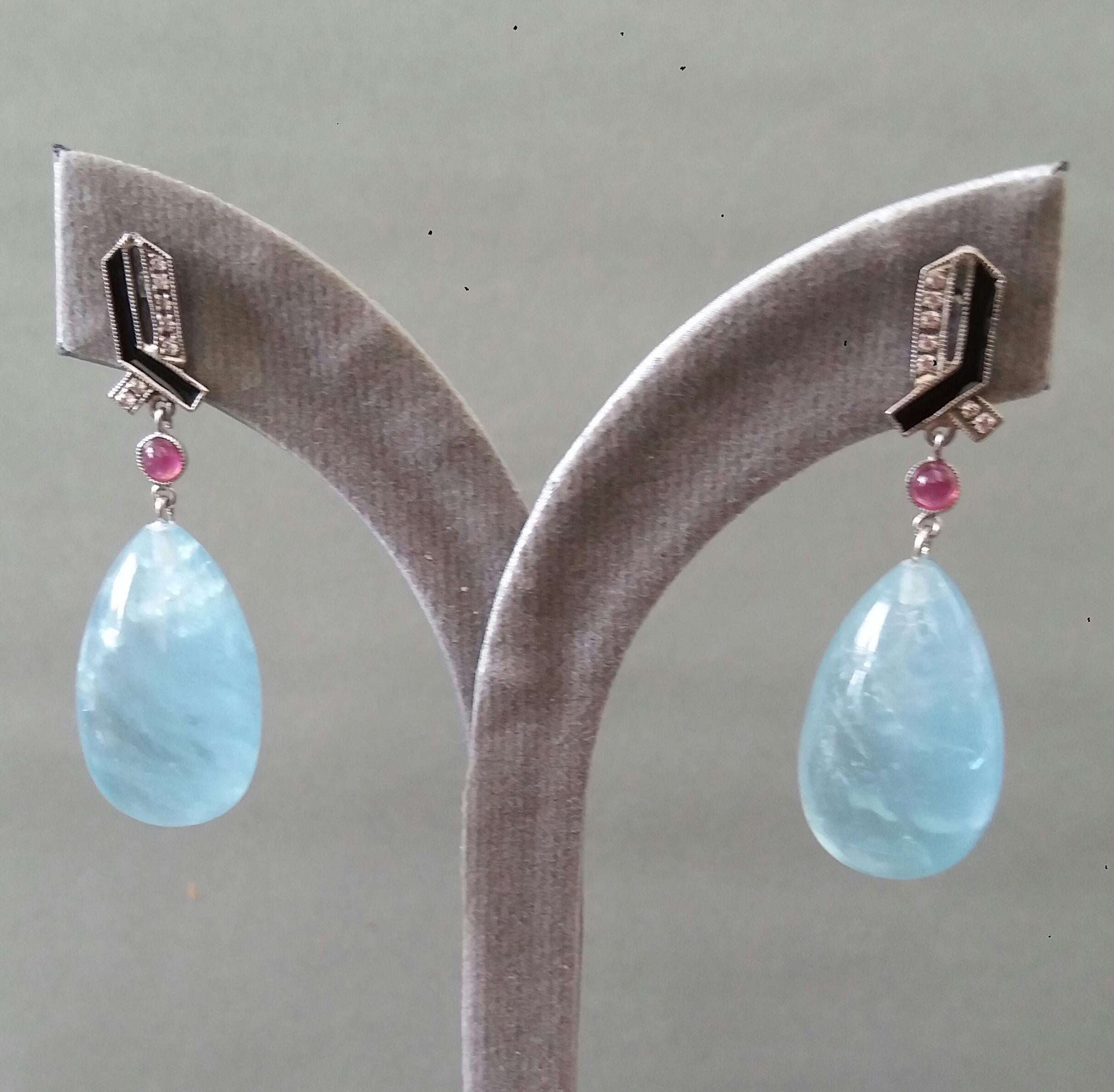 Art Deco Style 14 Kt Gold Diamonds Ruby Enamel Natural Aquamarine Drop Earrings For Sale 5