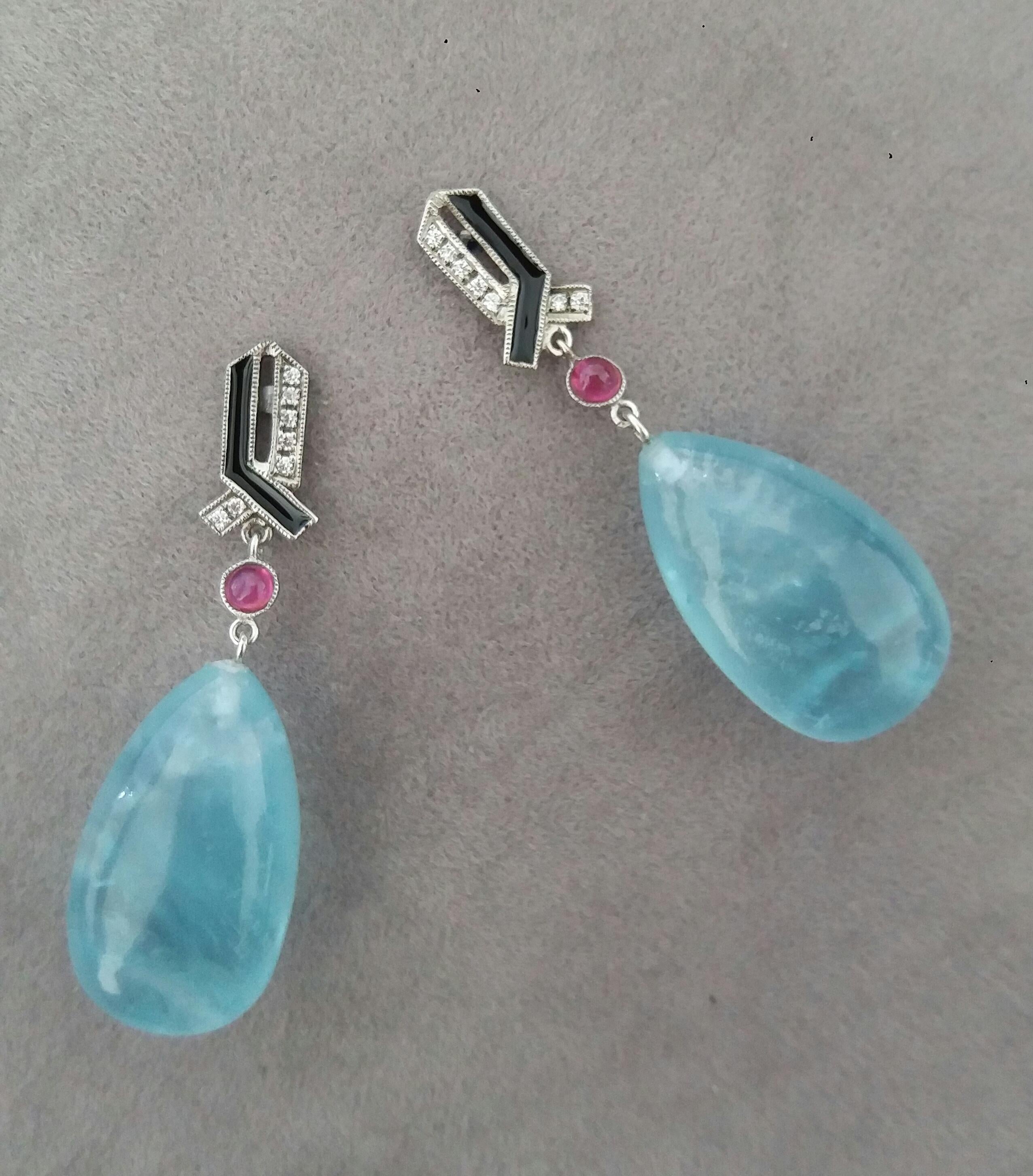 Pear Cut Art Deco Style 14 Kt Gold Diamonds Ruby Enamel Natural Aquamarine Drop Earrings For Sale