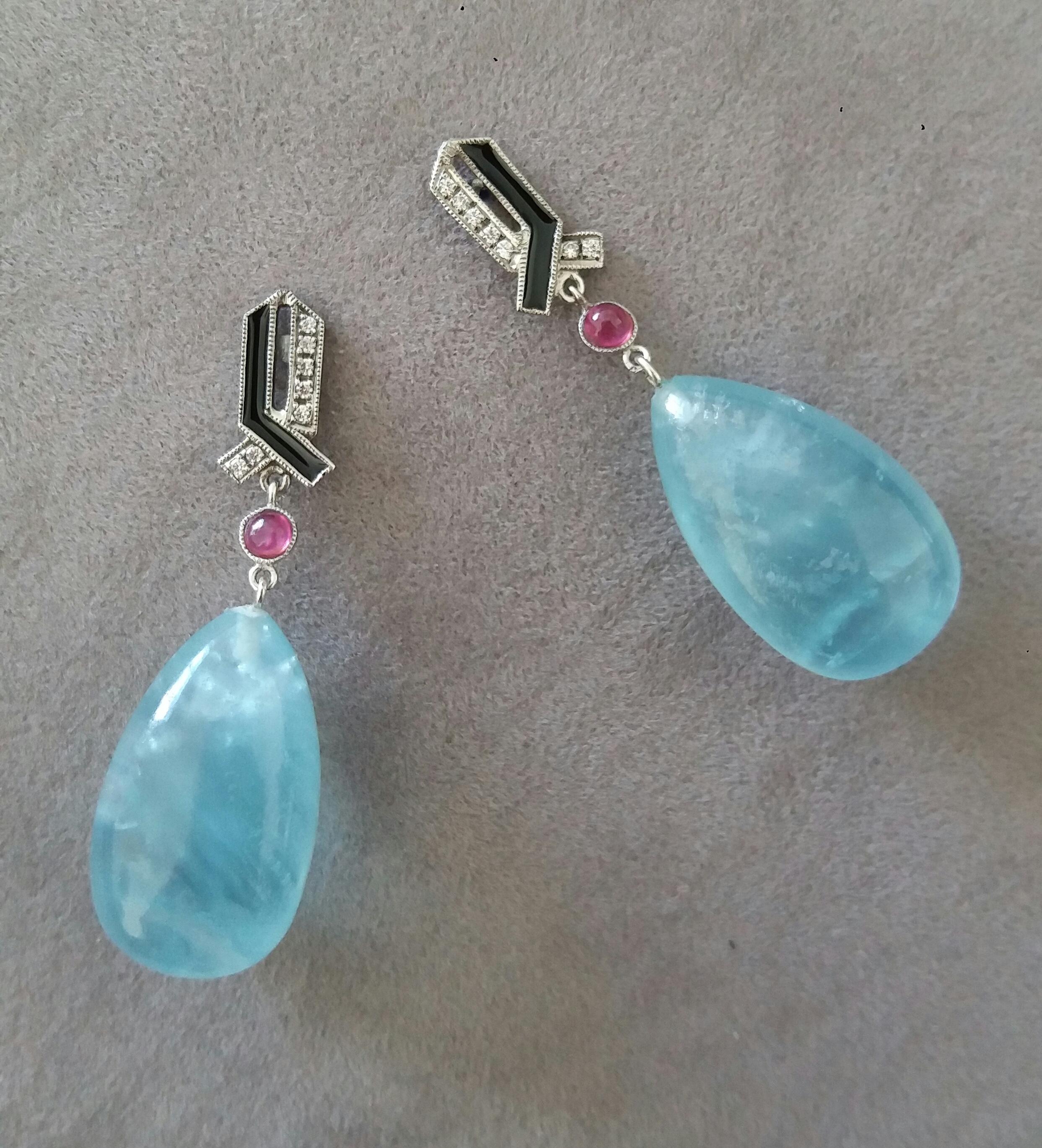 Art Deco Style 14 Kt Gold Diamonds Ruby Enamel Natural Aquamarine Drop Earrings In Good Condition For Sale In Bangkok, TH