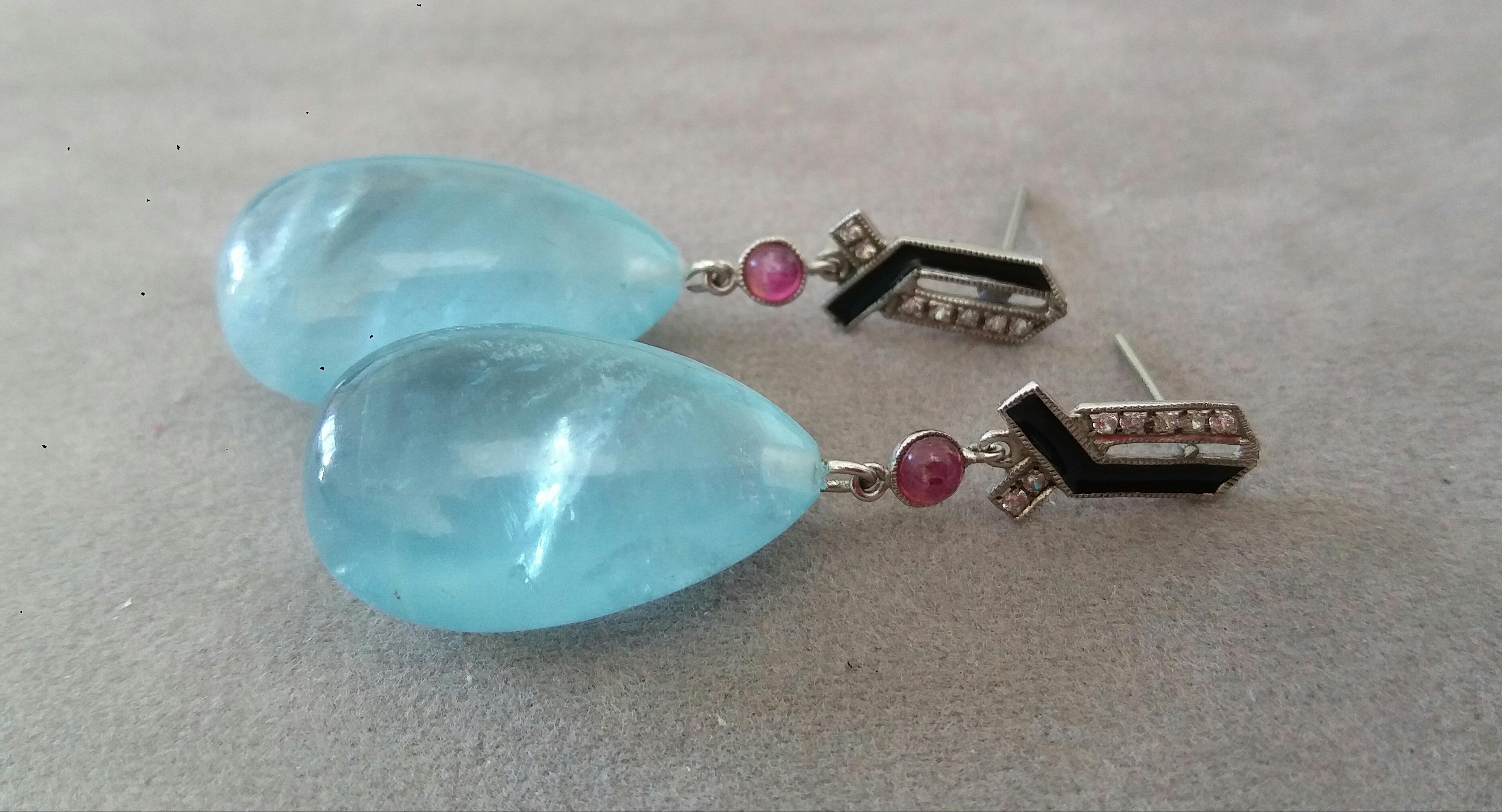 Women's Art Deco Style 14 Kt Gold Diamonds Ruby Enamel Natural Aquamarine Drop Earrings For Sale