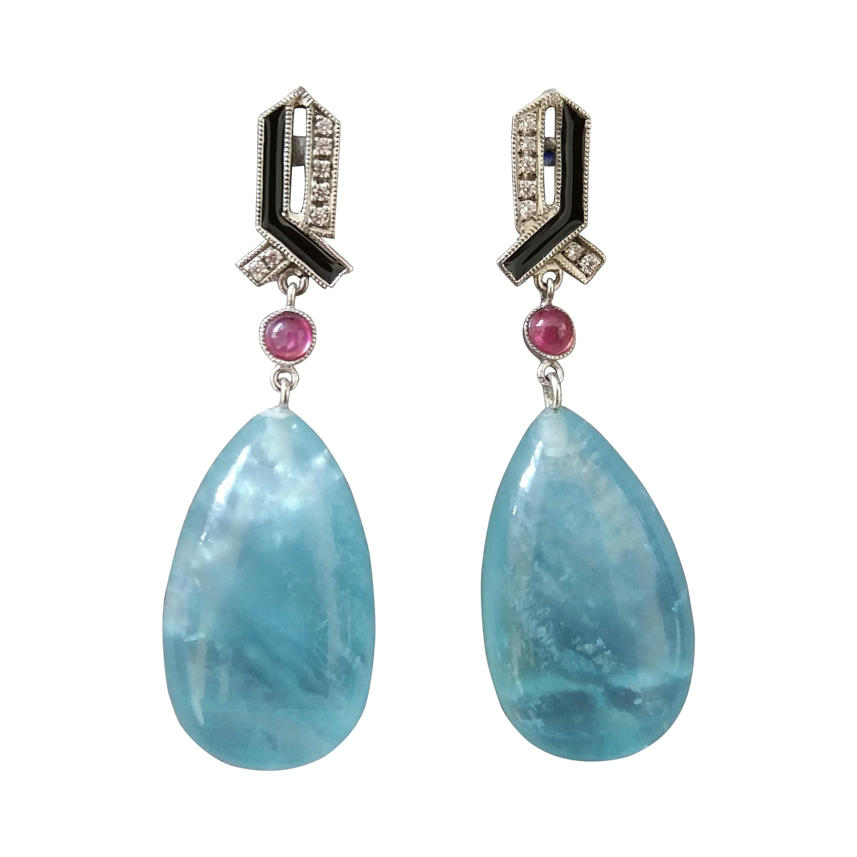 Art Deco Style 14 Kt Gold Diamonds Ruby Enamel Natural Aquamarine Drop Earrings For Sale