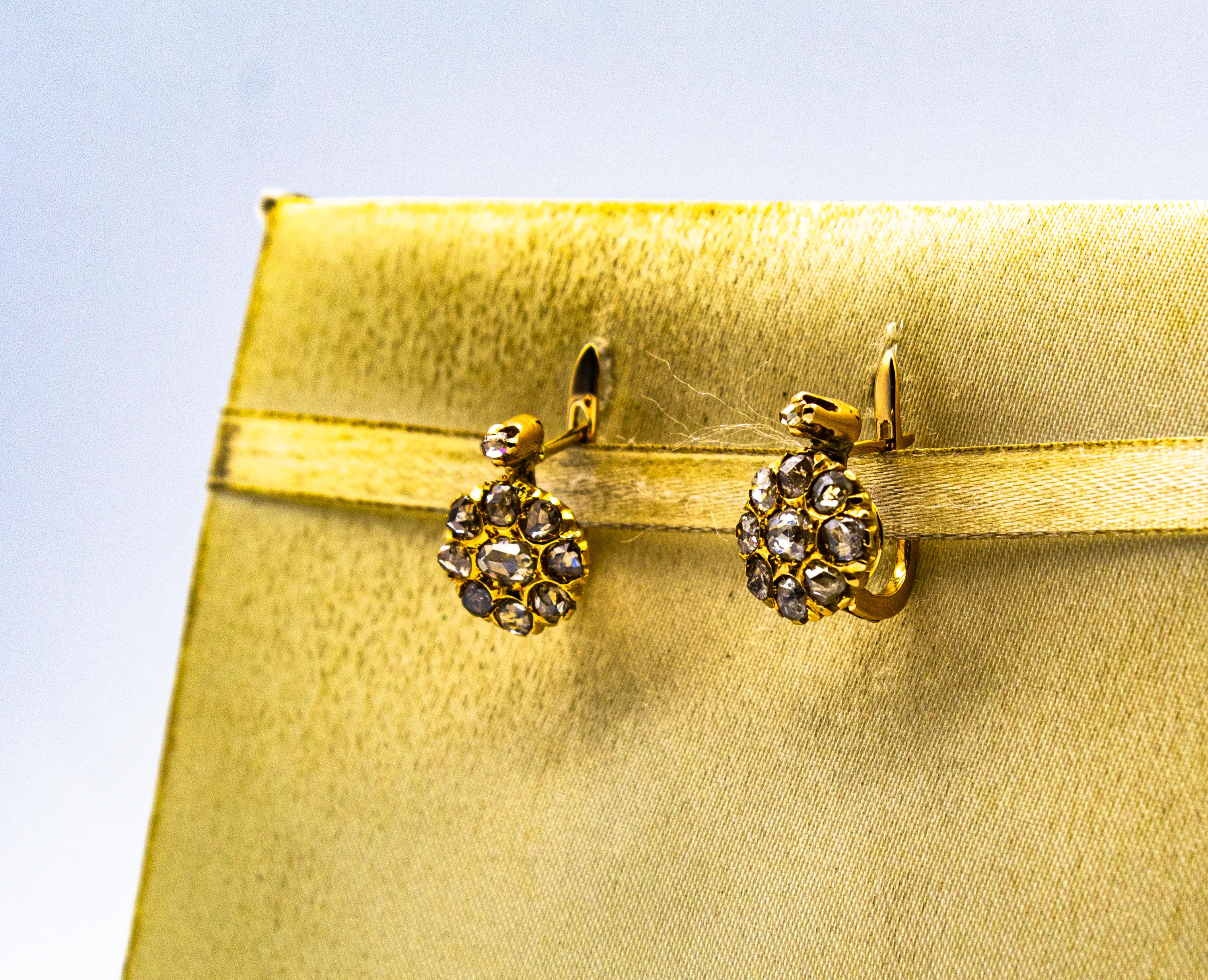 Pendientes de palanca de oro amarillo con diamantes blancos talla rosa de 1.40 quilates estilo art déco en Nuevo Estado en Naples, IT