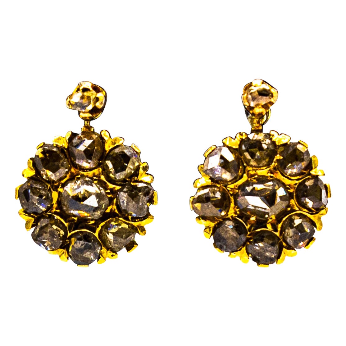 Pendientes de palanca de oro amarillo con diamantes blancos talla rosa de 1.40 quilates estilo art déco