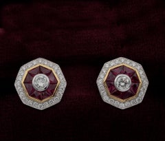 Art Deco Style 1.40 Carat Natural Ruby 1.10 Carat Diamond Target Studs
