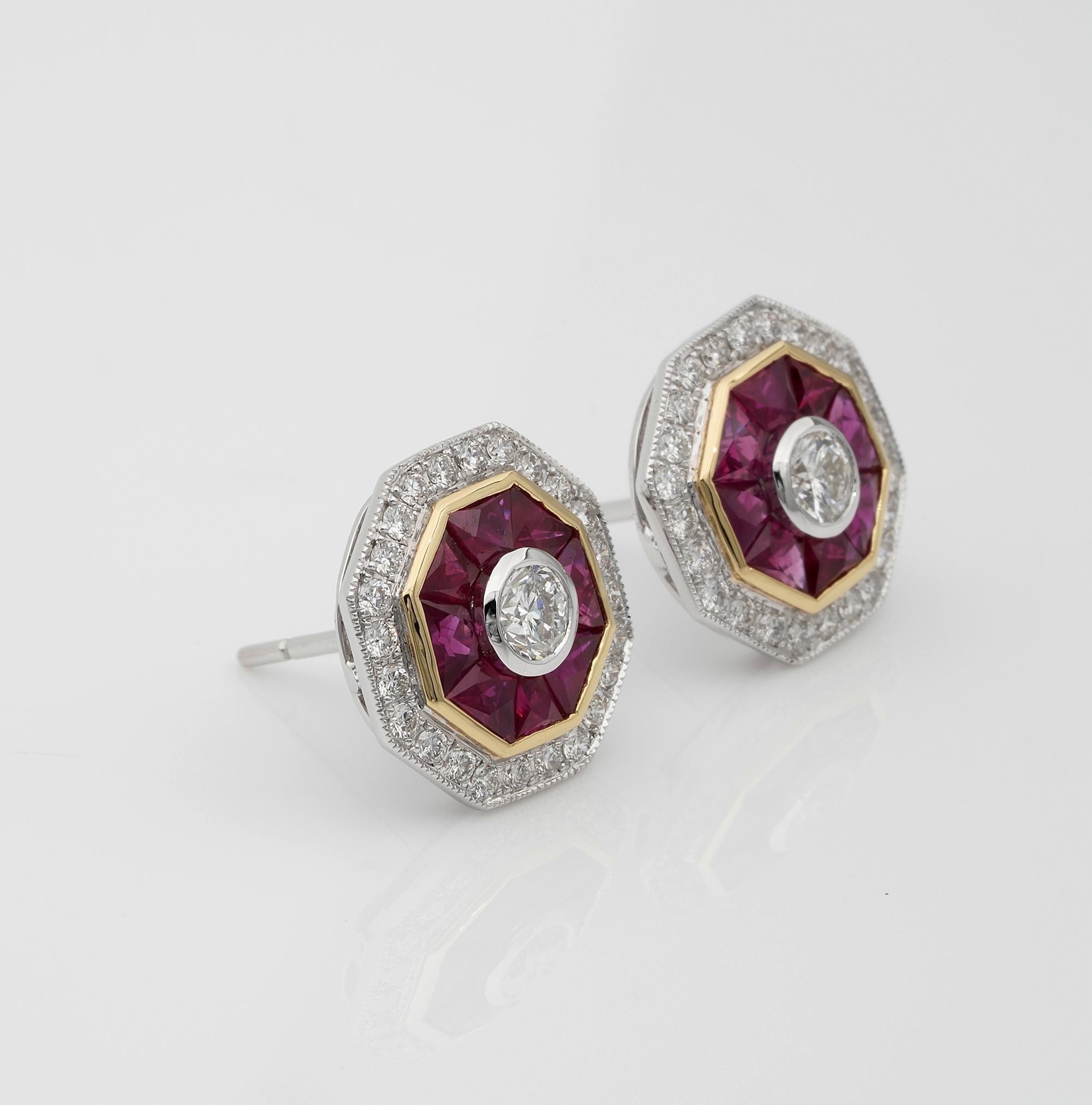 Brilliant Cut Art Deco Style 1.40 Ct Natural Ruby 1.10 Ct Diamond Target Studs For Sale
