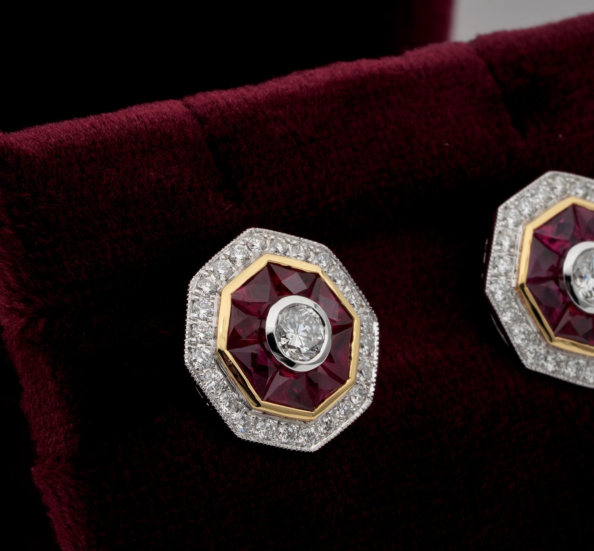Art Deco Style 1.40 Ct Natural Ruby 1.10 Ct Diamond Target Studs In Good Condition For Sale In Napoli, IT