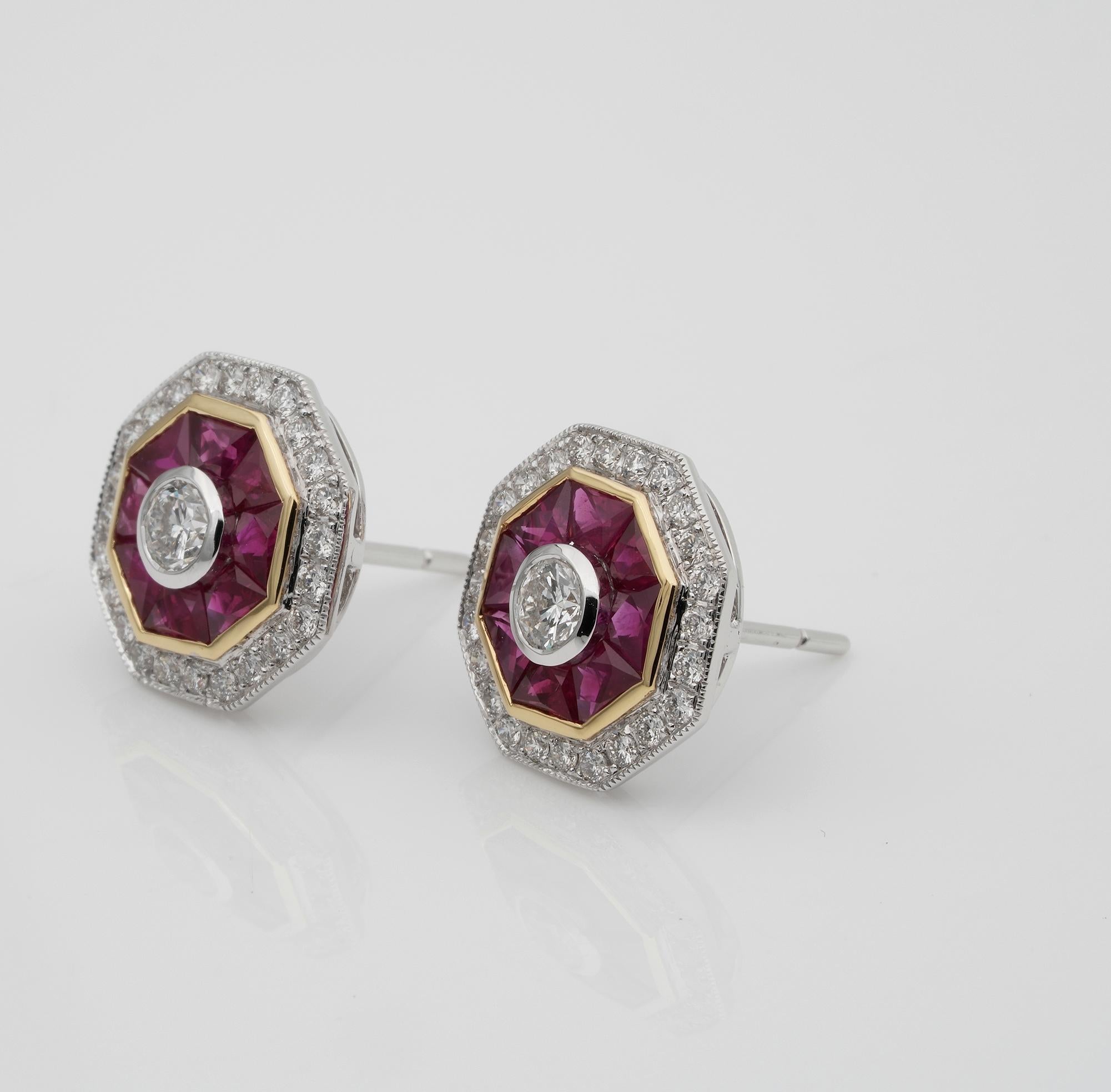 Women's Art Deco Style 1.40 Ct Natural Ruby 1.10 Ct Diamond Target Studs For Sale
