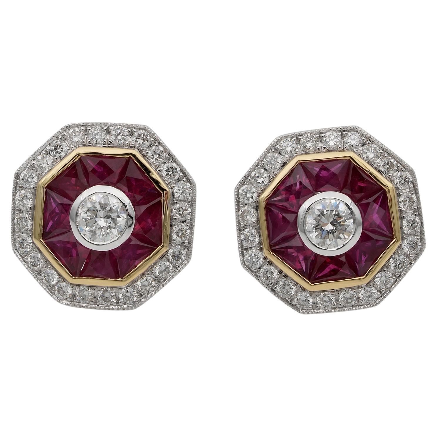 Art Deco Style 1.40 Ct Natural Ruby 1.10 Ct Diamond Target Studs For Sale