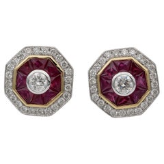 Art Deco Style 1.40 Ct Natural Ruby 1.10 Ct Diamond Target Studs