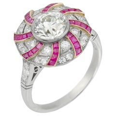 Art Deco style 1.42 carat diamond ruby platinum cluster swirl ring