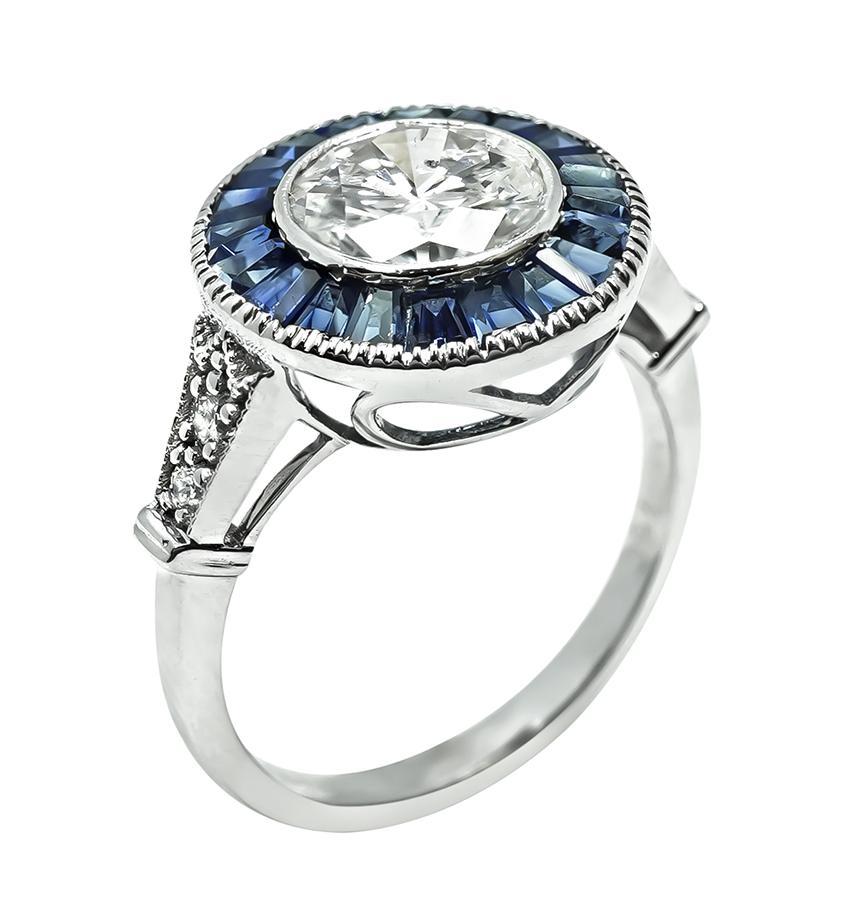 Round Cut Art Deco Style 1.42ct Diamond Sapphire Halo Engagement Ring For Sale