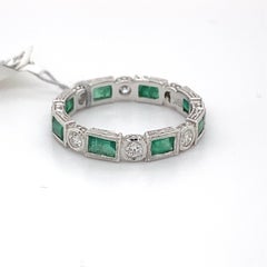 Art Deco Style 1.42ctt Emerald & Diamond Eternity Band 18k White Gold