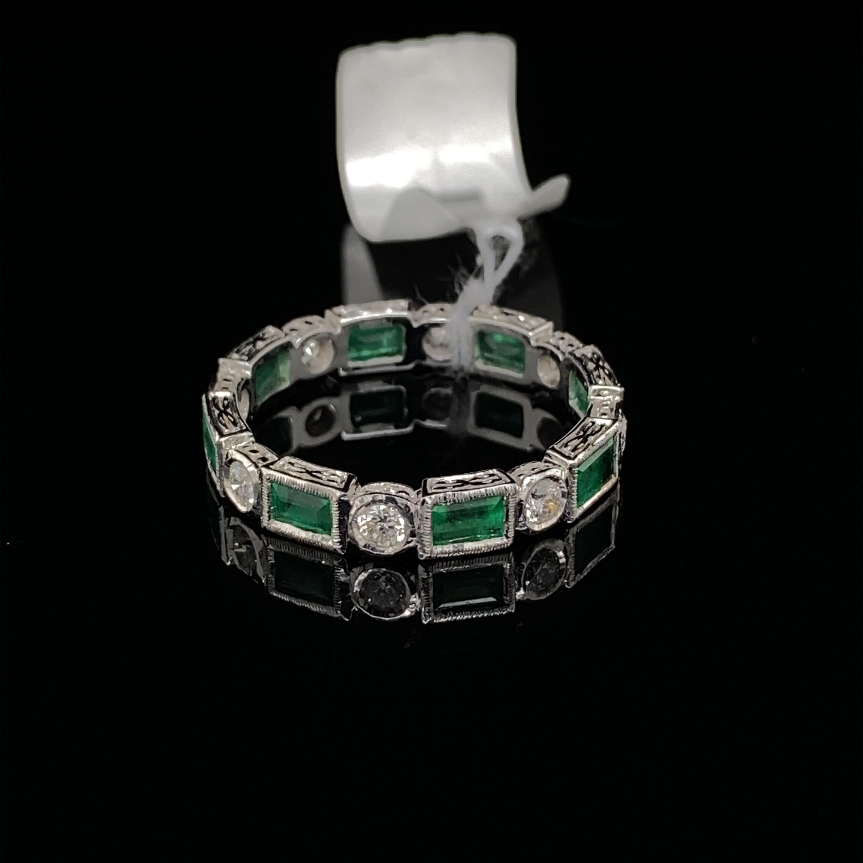 Baguette Cut Art Deco Style 1.42ctt Emerald & Diamond Eternity Band 18k White Gold