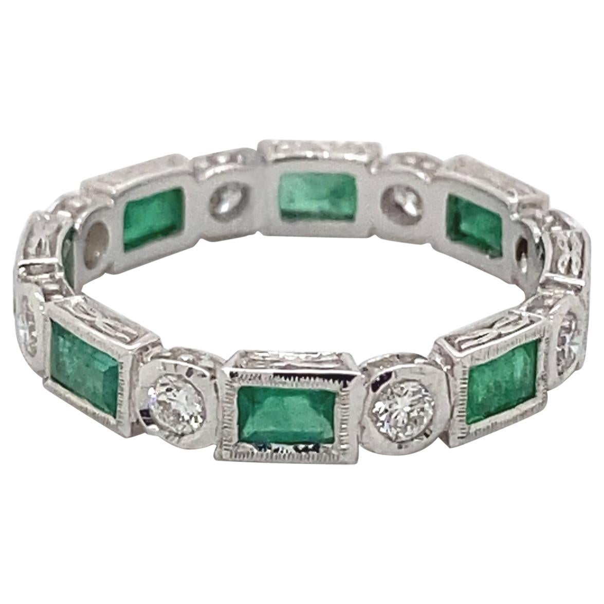 Art Deco Style 1.42ctt Emerald & Diamond Eternity Band 18k White Gold