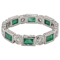 Art Deco Style 1.42ctt Emerald & Diamond Eternity Band 18k White Gold