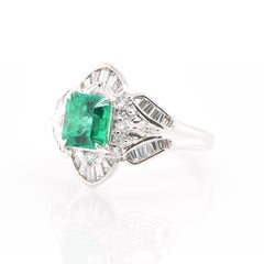 Art Deco Style 1.44 Carat Emerald and Diamond Cocktail Ring Set in Platinum