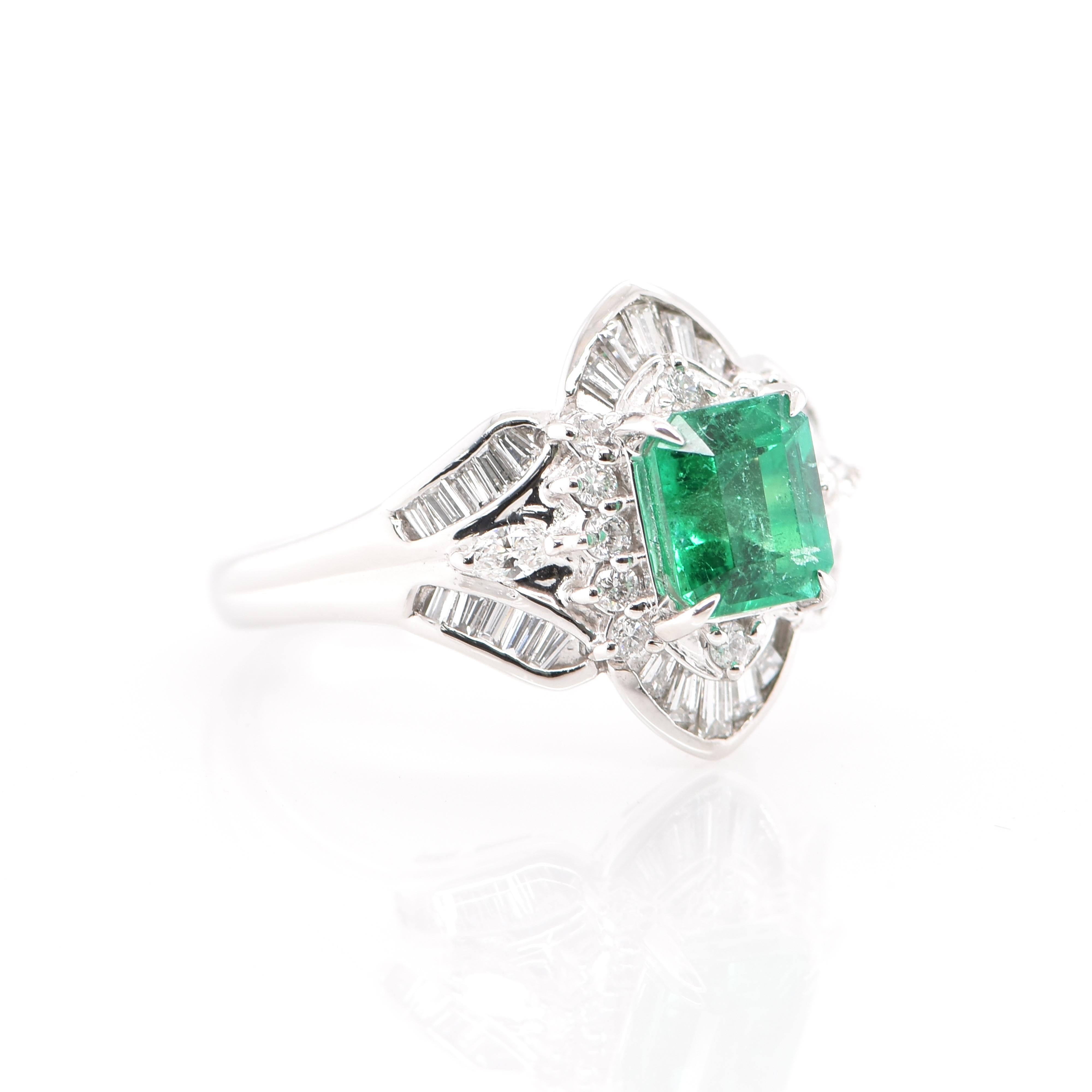 Emerald Cut Art Deco Style 1.44 Carat Emerald and Diamond Cocktail Ring Set in Platinum