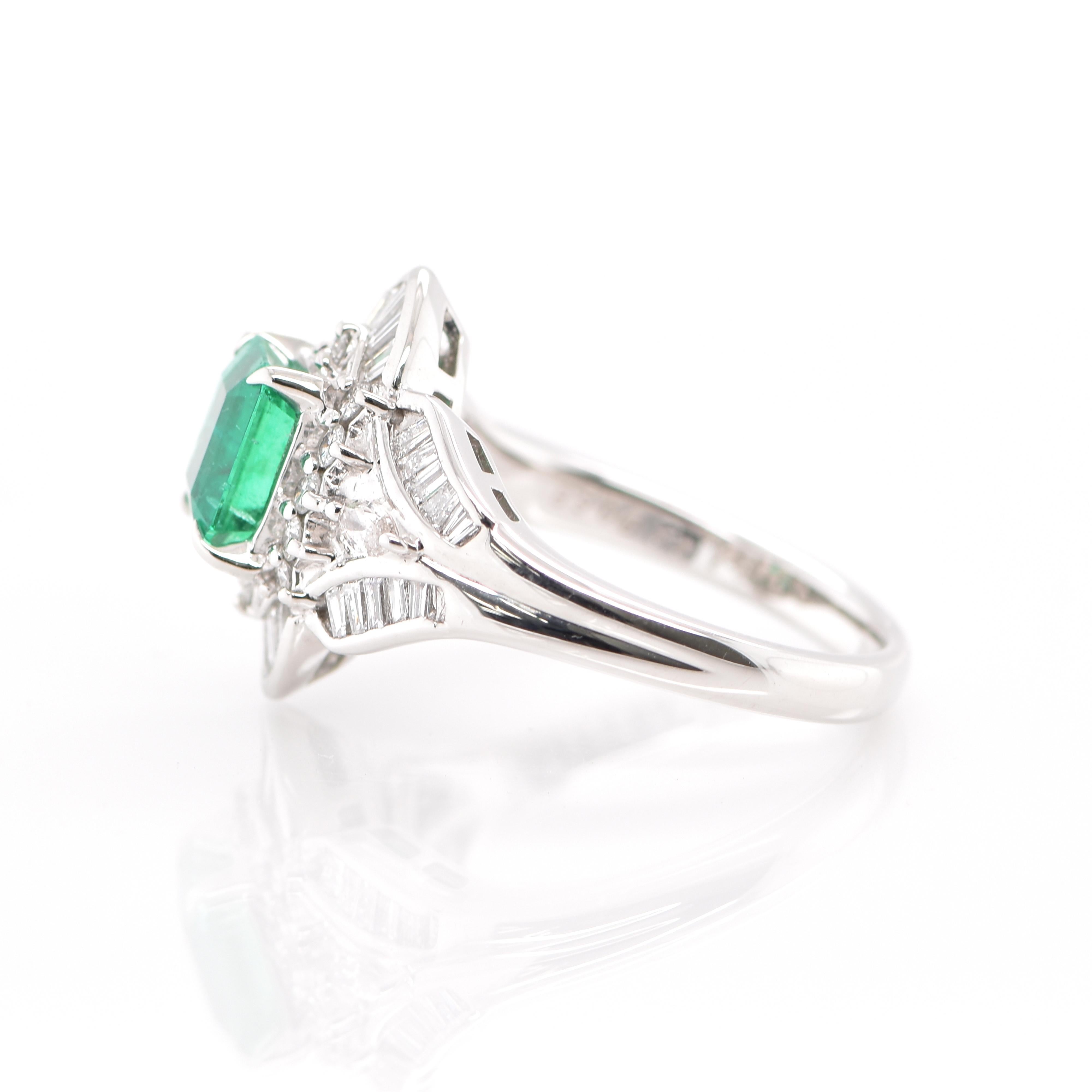 Women's Art Deco Style 1.44 Carat Emerald and Diamond Cocktail Ring Set in Platinum
