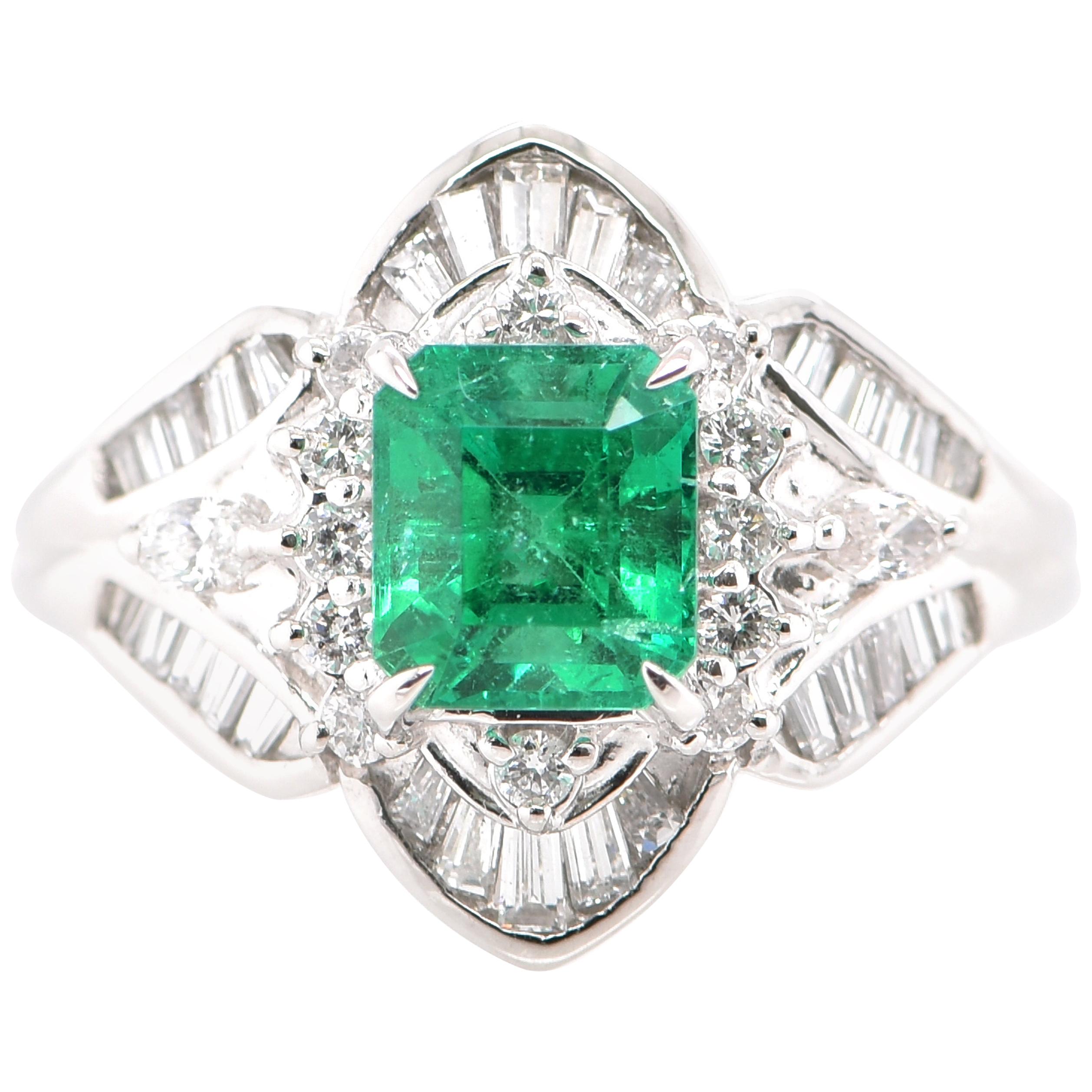 Art Deco Style 1.44 Carat Emerald and Diamond Cocktail Ring Set in Platinum