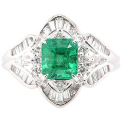 Art Deco Style 1.44 Carat Emerald and Diamond Cocktail Ring Set in Platinum