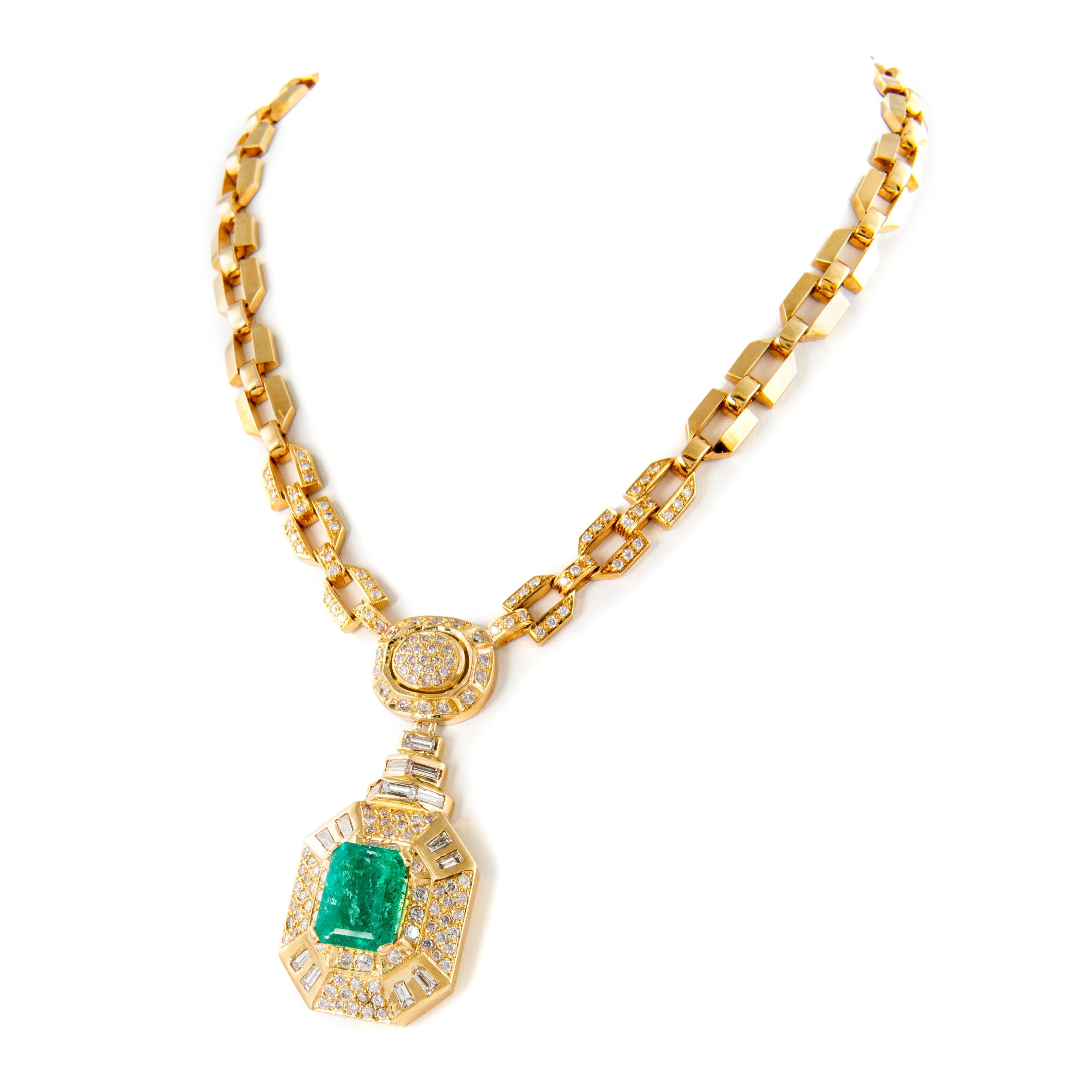 Emerald Cut Art Deco Style 14.41ctt Colombian Emerald with Diamond Necklace 18k Yellow Gold
