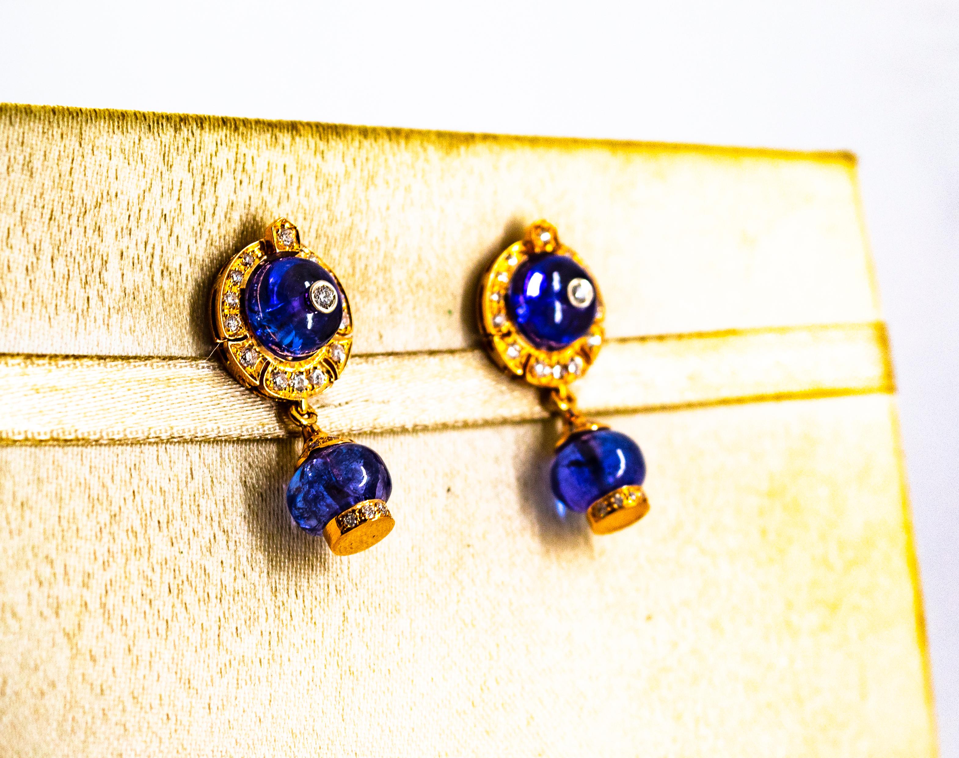 Women's or Men's Art Deco Style 14.45 Carat White Diamond Tanzanite Yellow Gold Dangle Earrings