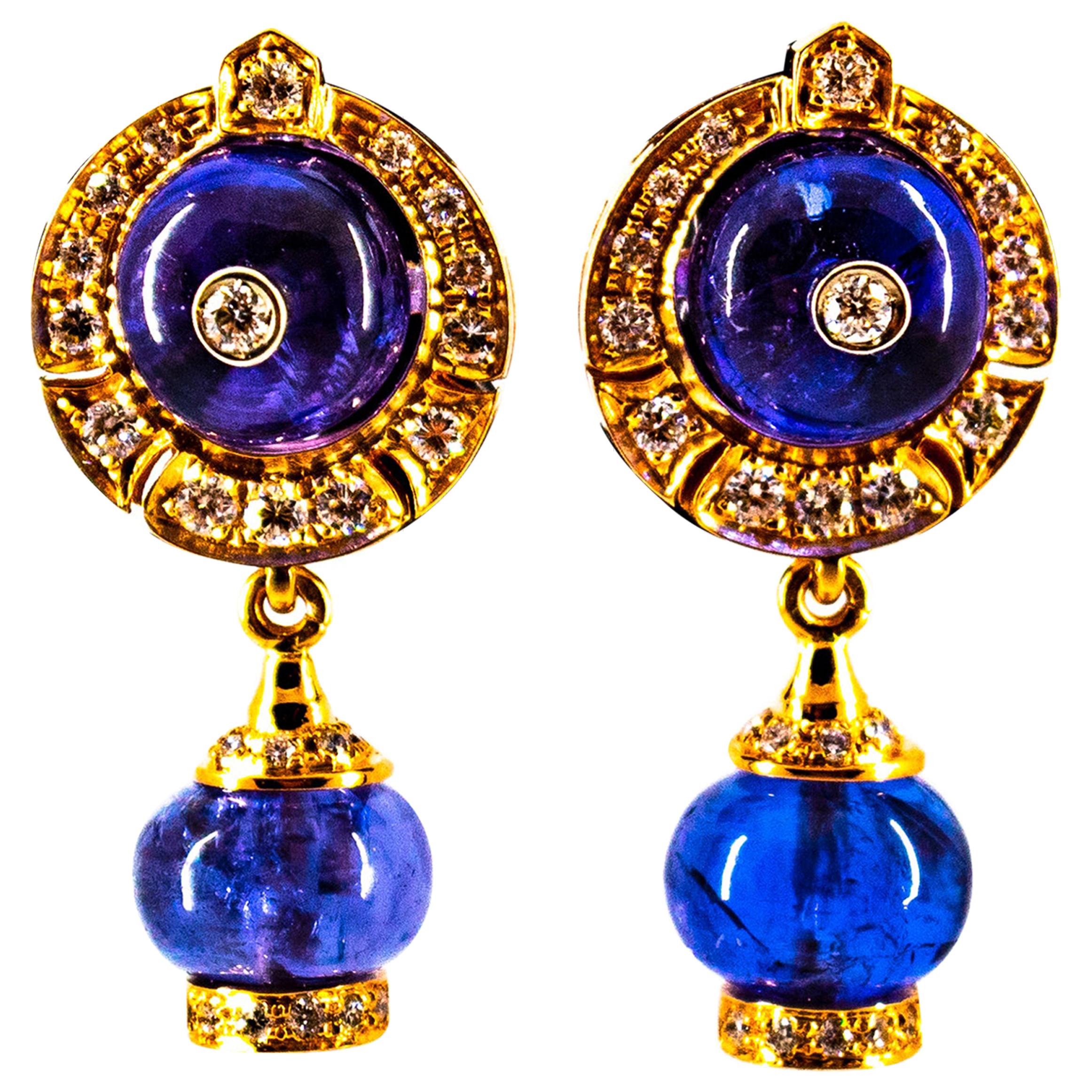 Art Deco Style 14.45 Carat White Diamond Tanzanite Yellow Gold Dangle Earrings