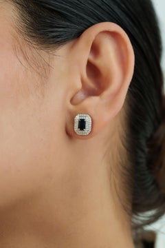 Art Deco Style 1.46ct Blue Sapphire & Diamond Double Halo Stud Earrings 14K Gold