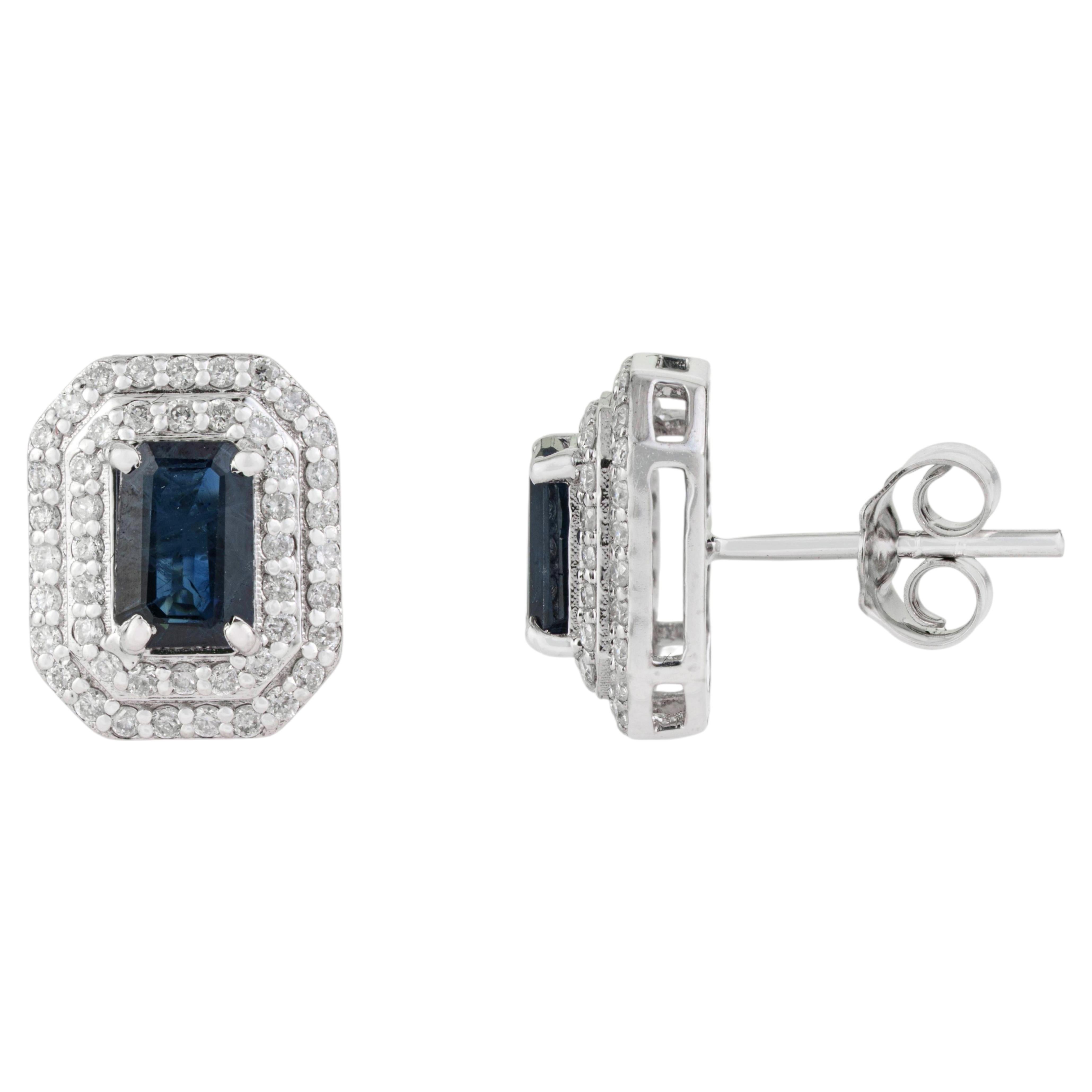 Art Deco Style 1.46ct Blue Sapphire & Diamond Double Halo Stud Earrings 14K Gold