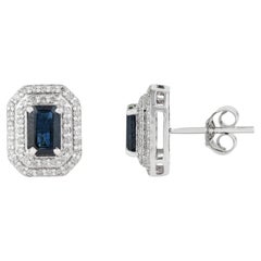 Art Deco Style 1.46ct Blue Sapphire & Diamond Double Halo Stud Earrings 14K Gold