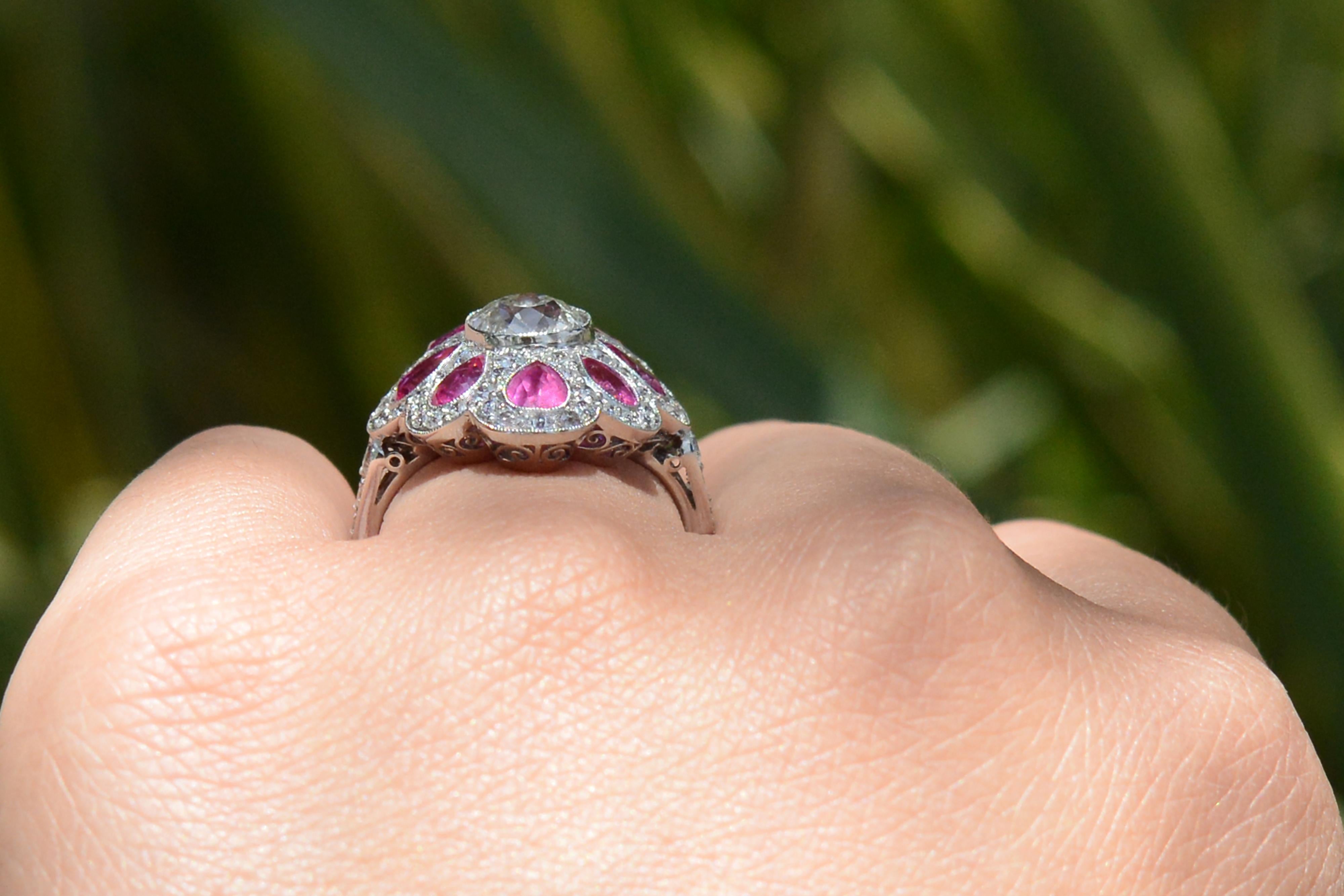 Art Deco Style 1.47 Carat Antique Diamond Pink Sapphire Cocktail Ring In New Condition For Sale In Santa Barbara, CA