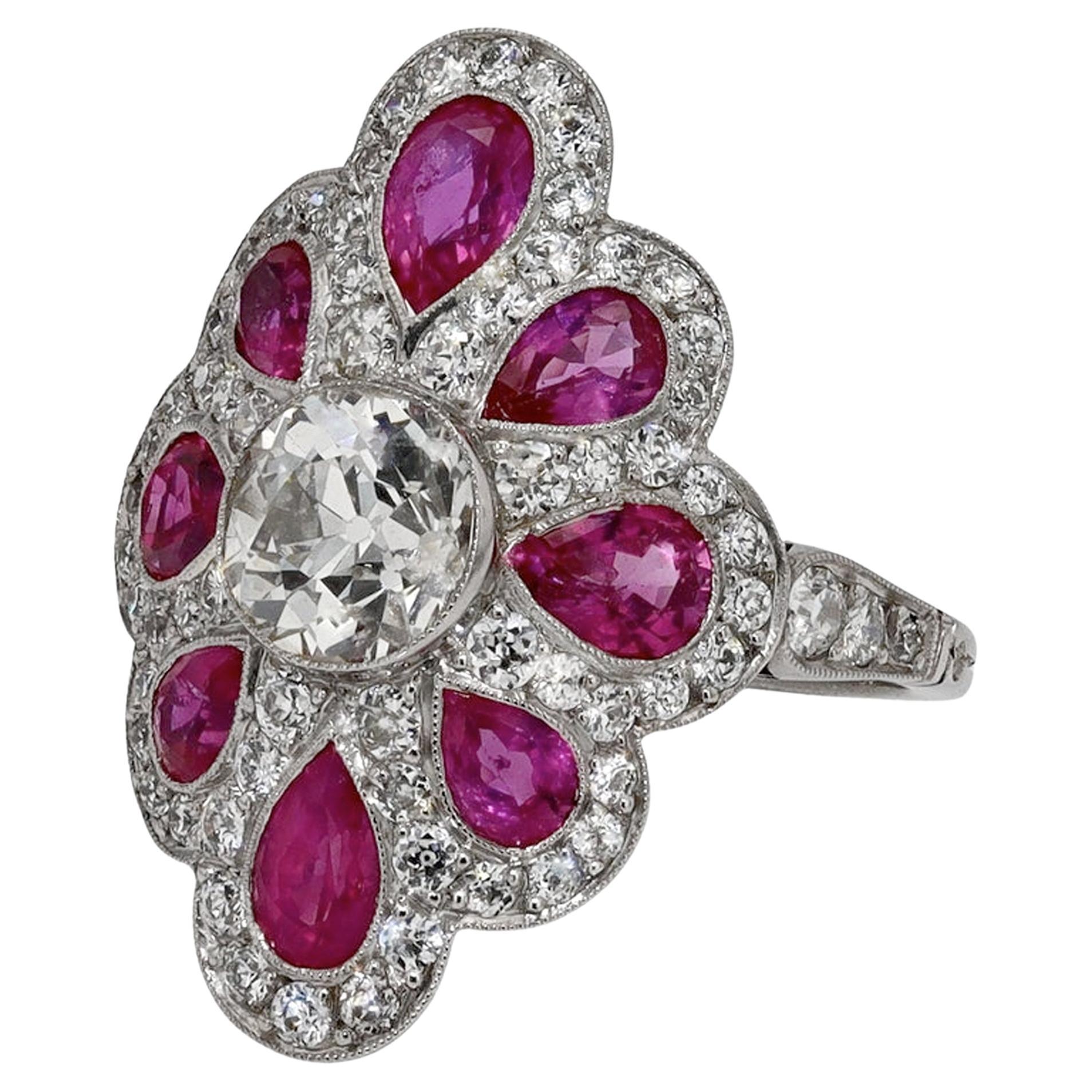 Art Deco Style 1.47 Carat Antique Diamond Pink Sapphire Cocktail Ring For Sale