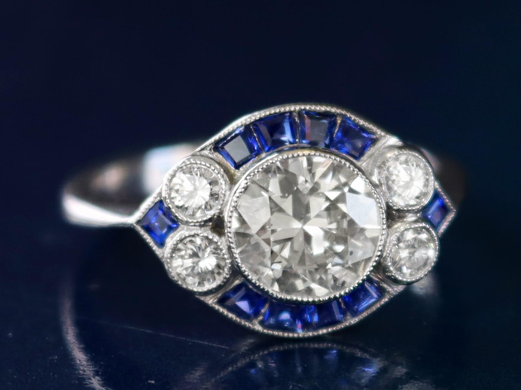 Old European Cut Art Deco Style 1.48 Carat Diamond and 0.46 Carat Sapphire, Platinum Dress Ring For Sale