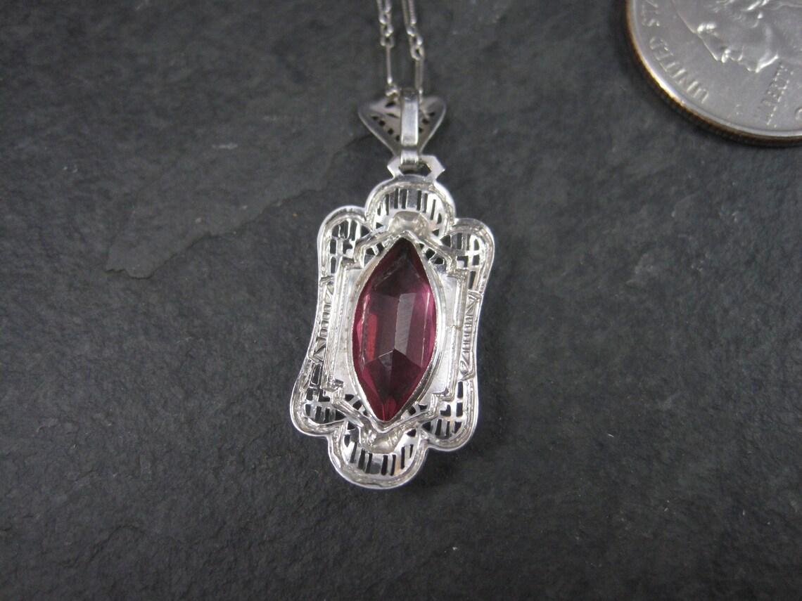 Art Deco Style 14K Filigree Pendant Simulated Pink Sapphire Necklace For Sale 6